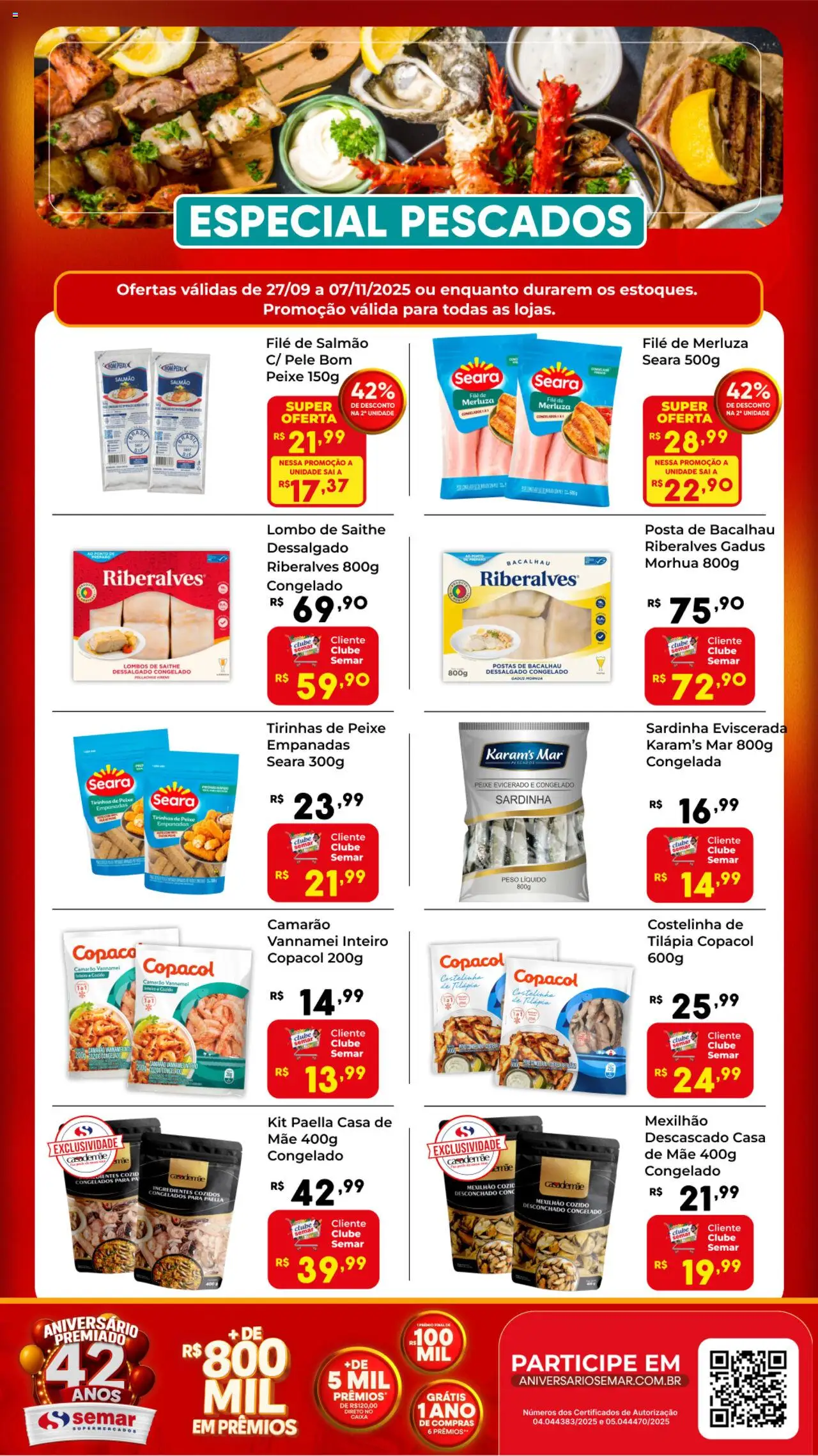 Semar Supermercado folheto "Ofertas Especial Pescados" válido a partir de 27/09/2025 - número de página 1 - Caixa, Peixe, Bacalhau, Salmão, Lombo, Tilápia, Congelador, Filé de salmão