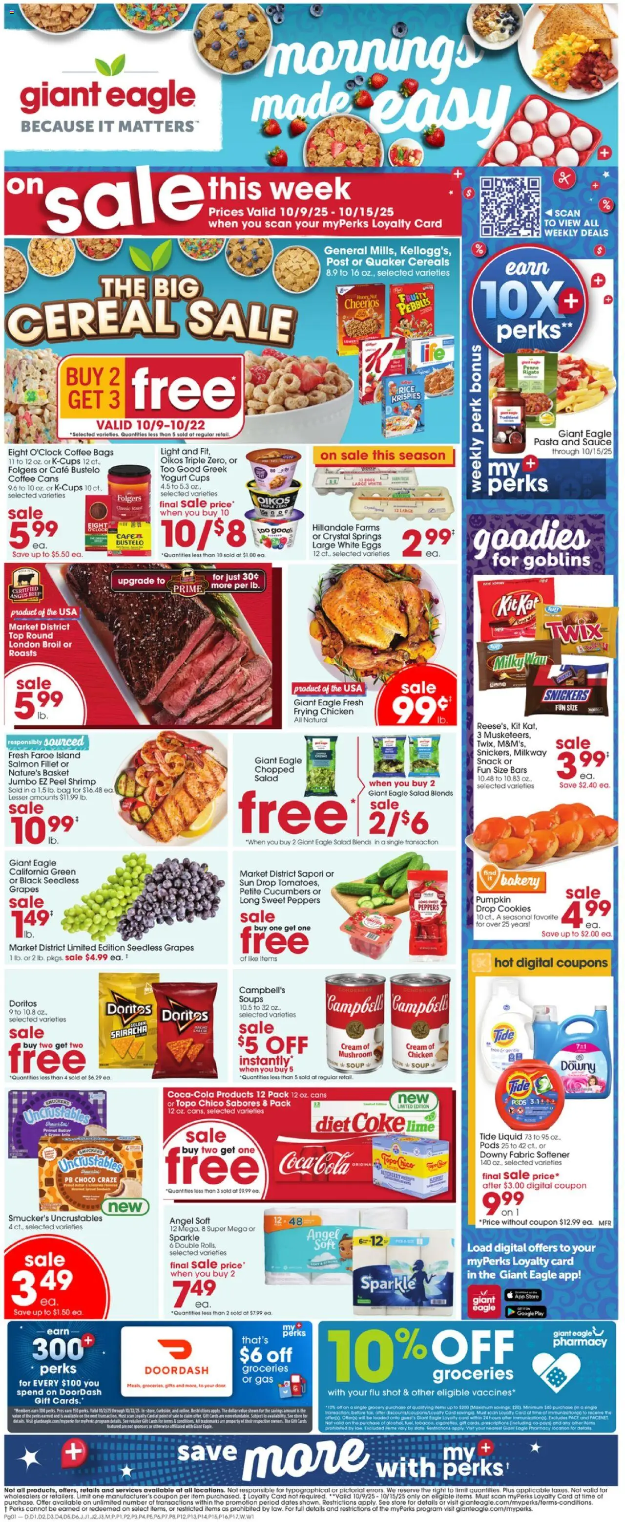 Ad Preview of Giant Eagle Weekly Ad from 10/09/2025 - Salad, Cereals, Grapes, Lime, Peanut butter, Basket, Snickers, Chicken
