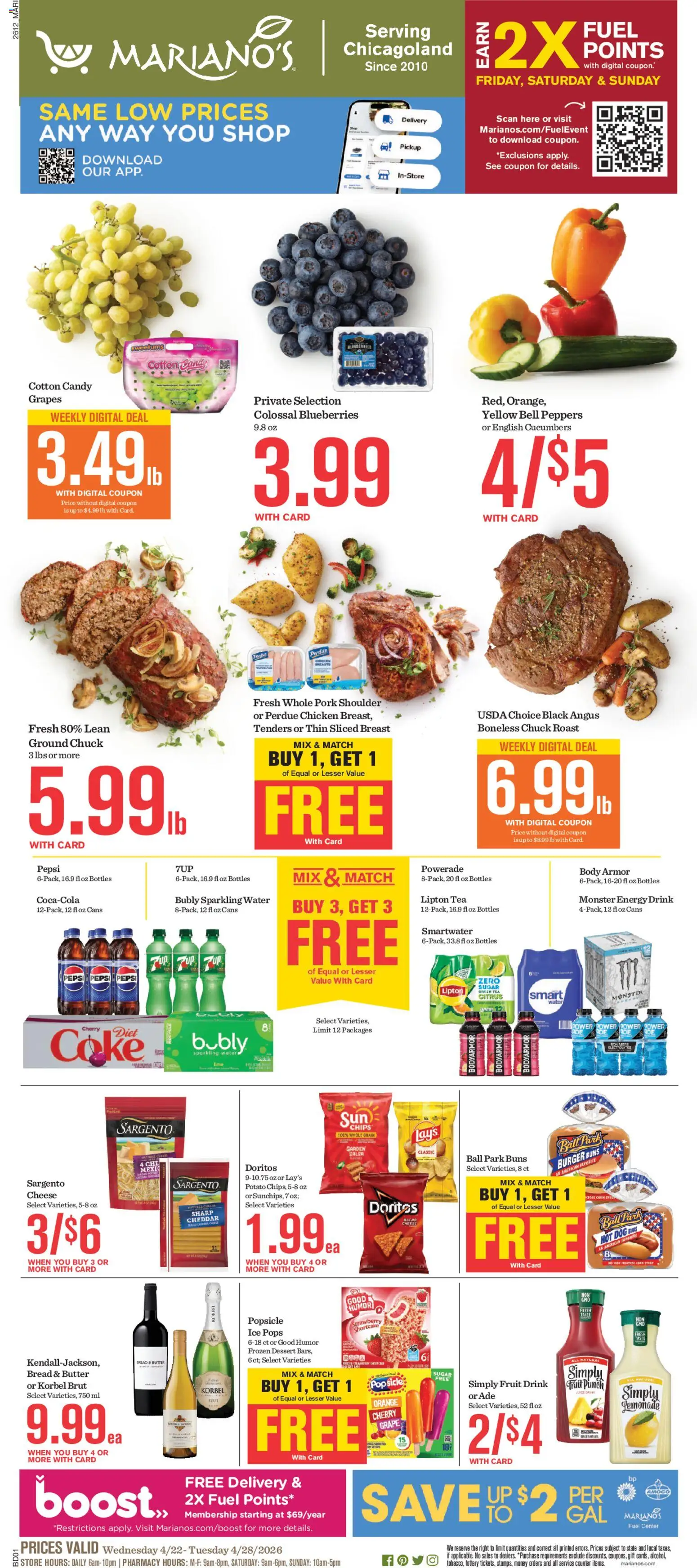 Ad Preview of Mariano's Mariano's Weekly Ad from 04/22/2026 - Candy, Tea, Bread, Corn, Energy drink, Green Tea, Pork, Pork shoulder