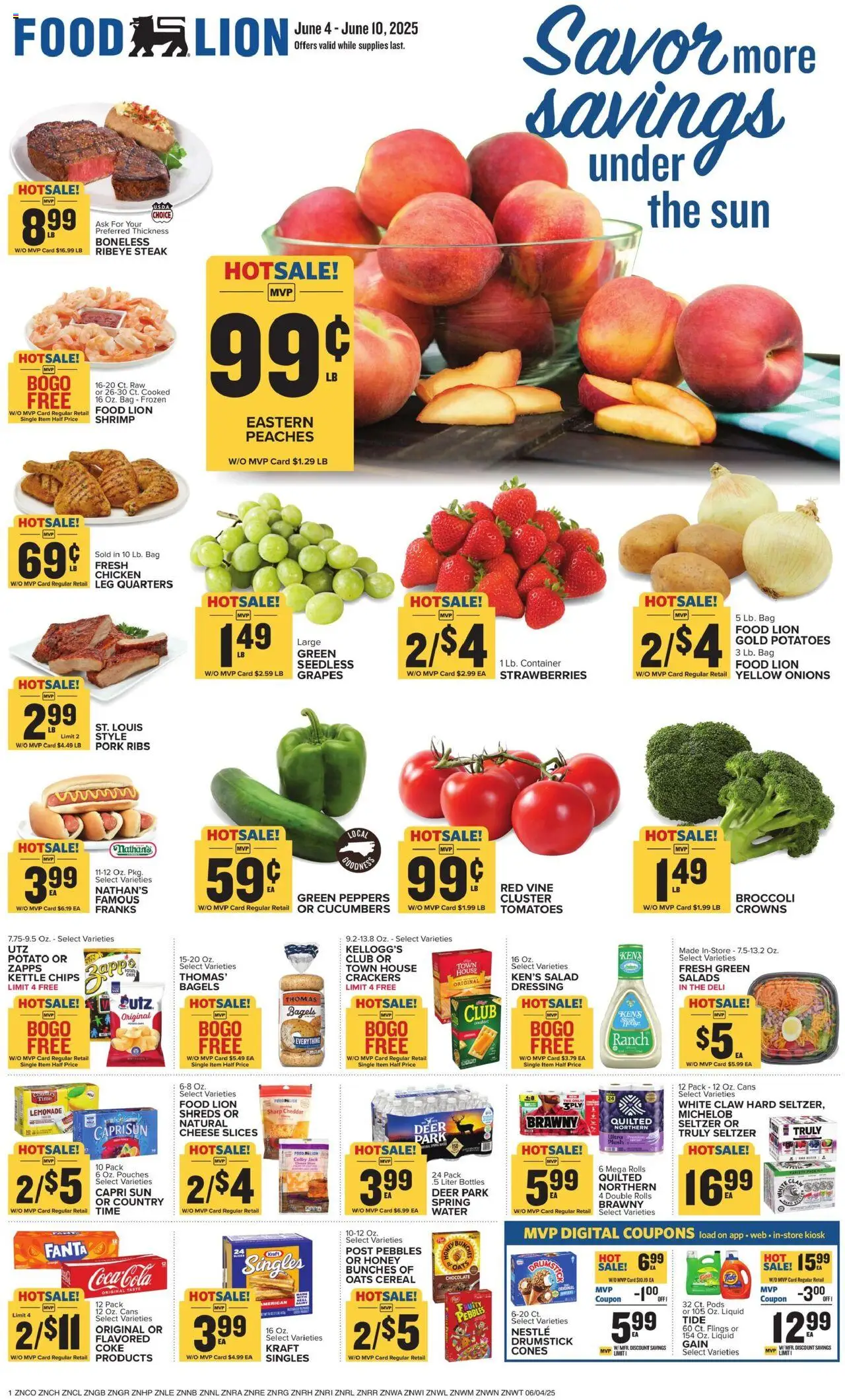 Food Lion Weekly Ad (06/04/2025) >> Preview AD next week - Page number 1 - Water, Salad, Strawberries, Tomatoes, Cucumbers, Pork, Kettle, Fanta