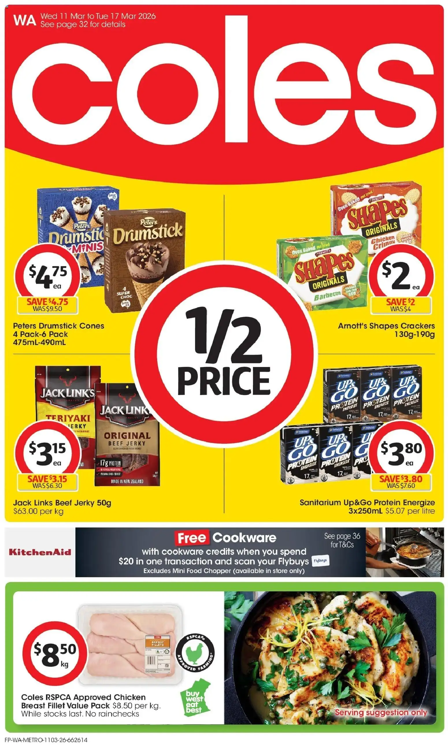 Preview of catalogue Coles catalogue WA from shop Coles valid 10/03/2026 - Food, Jerky, Protein, Chicken, Beef, Cookware, Fillet, Oven