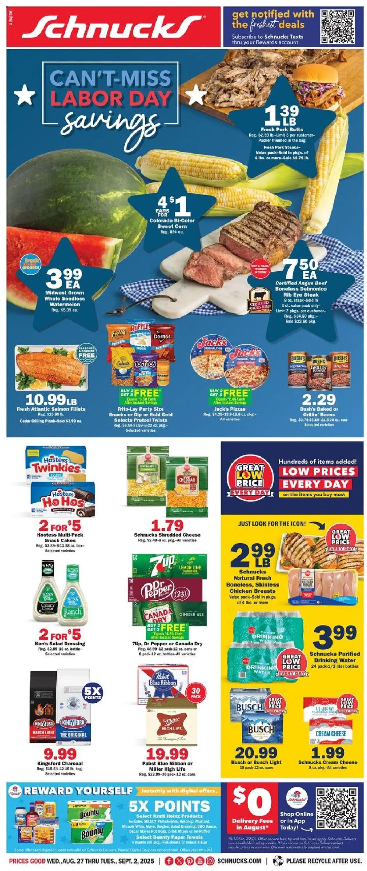 Schnucks Weekly Print Ad - WI from 08/27/2025 - Flyer - Page number 1 - Water, Steak, Snacks, Watermelon, Lemon, Beans, Pork, Paper towels