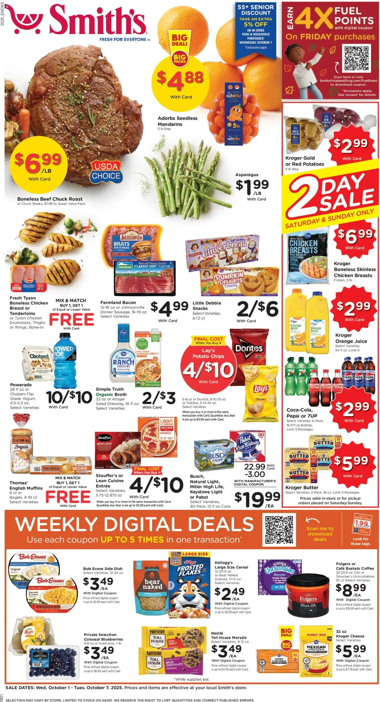 Ad Preview of Smith's Weekly Ad - WY from 10/01/2025 - Salad, Chips, Dressing, Pumpkin, Protein, Peanut butter, Beef chuck, Chicken