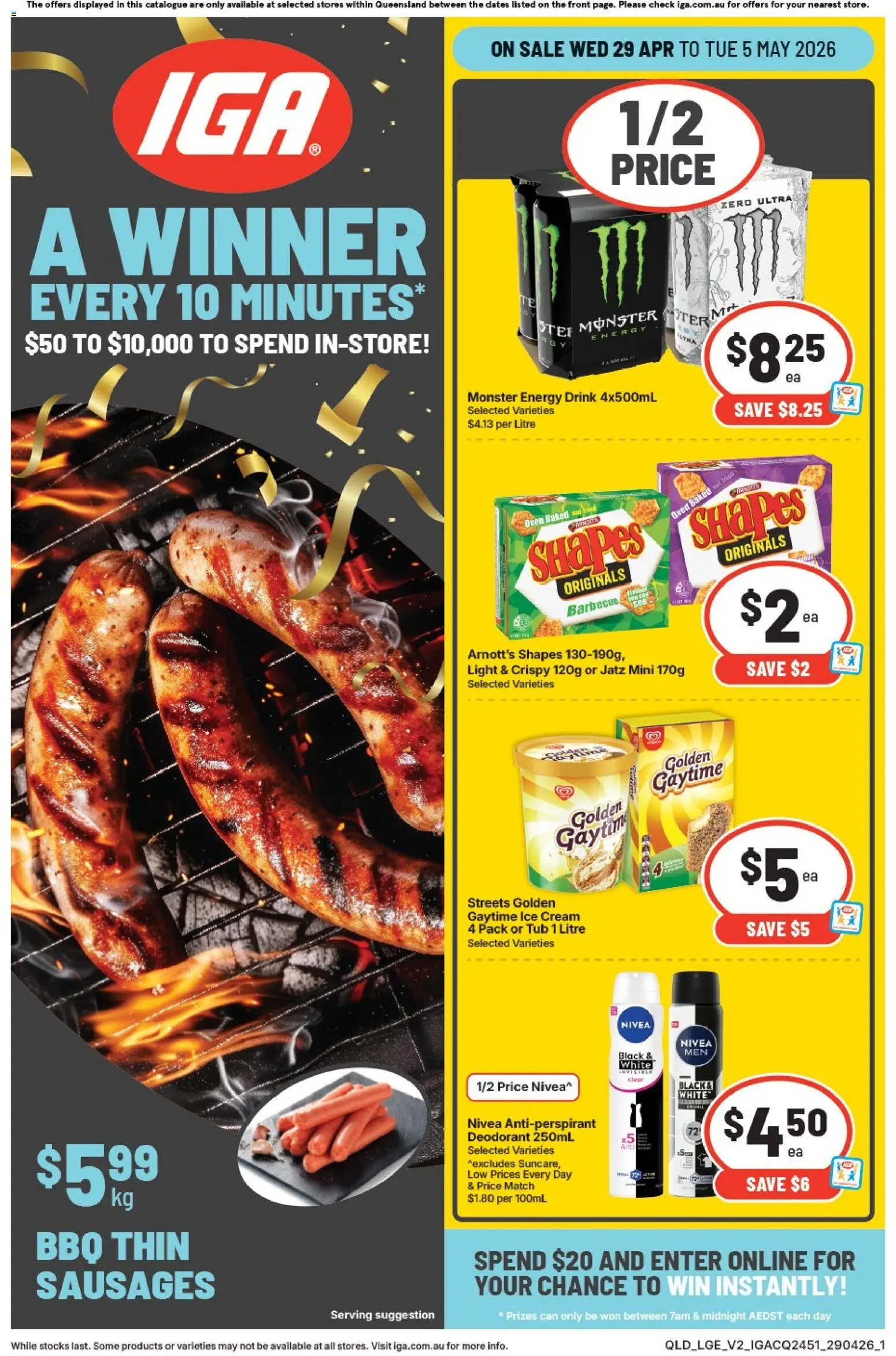 Preview of catalogue IGA catalogue QLD from shop IGA valid 29/04/2026 - Light, Energy drink, Antiperspirant, Cream, Ice cream, Ice, Sausages, Oven