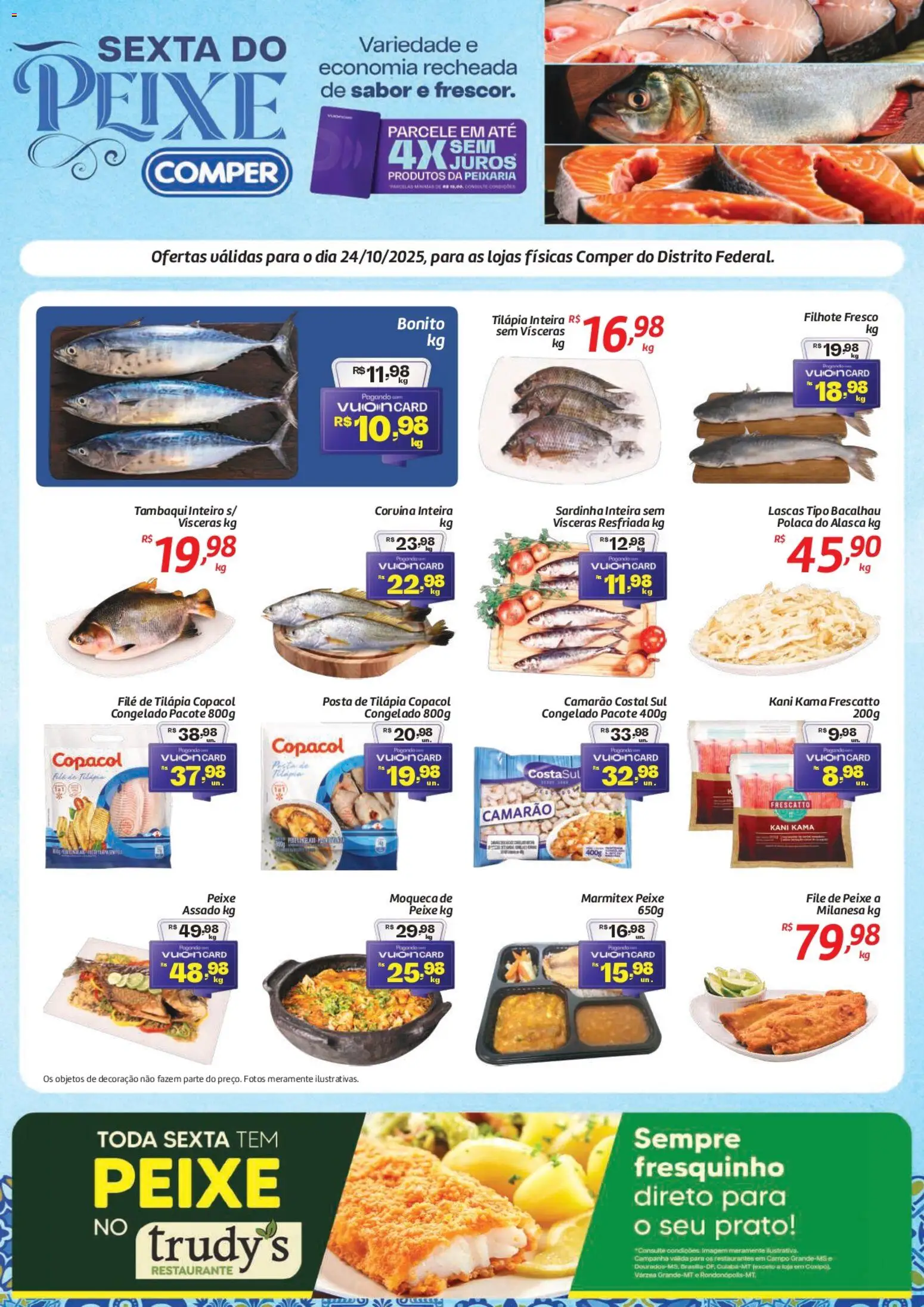 Pré-Visualização do folheto "Ofertas Sexta do Peixe" da loja Comper válido a partir de 24/10/2025 - Peixe, Decoração, Camarão, Bacalhau, Sardinha, Filé de tilápia, Tilápia, Filé de peixe