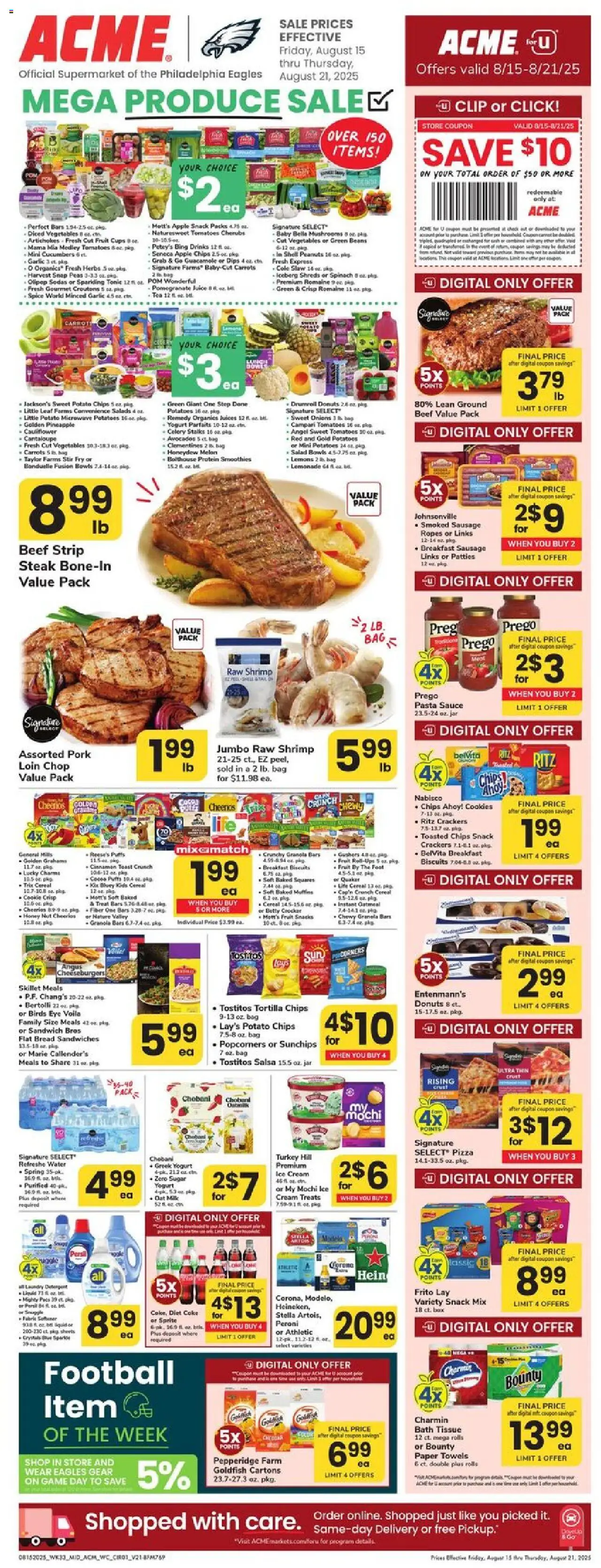 Acme Weekly Ad from 08/15/2025 - Circular, Flyer - Page number 1 - Pizza, Tea, Pomegranate, Mushrooms, Potatoes, Skillet, Cream, Sauce