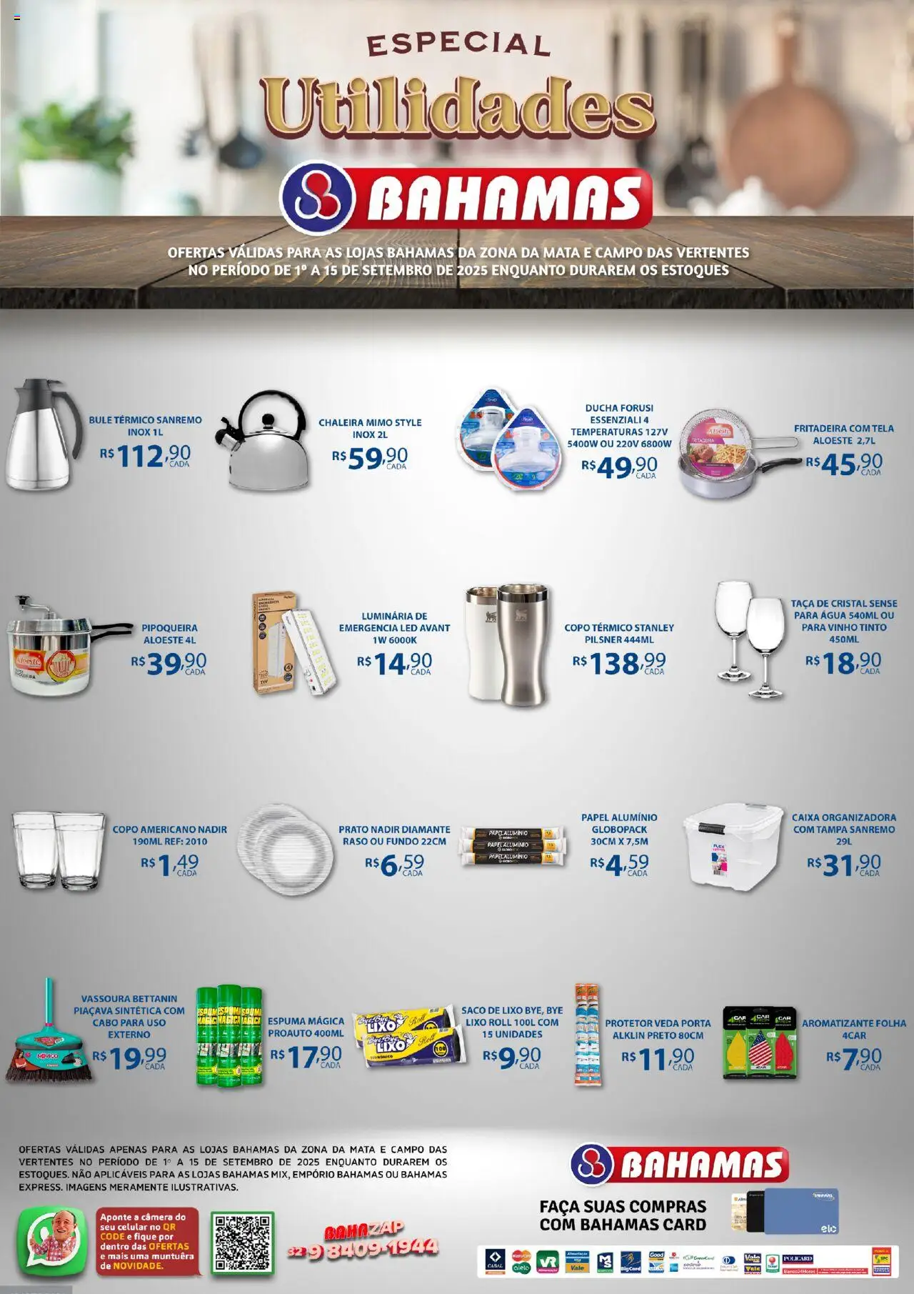 Bahamas Supermercados folheto "Ofertas Especial Utilidades" válido a partir de 01/09/2025 - número de página 1 - Caixa, Celular, Câmera, Água, Porta, Vassoura, Papel alumínio, Faca