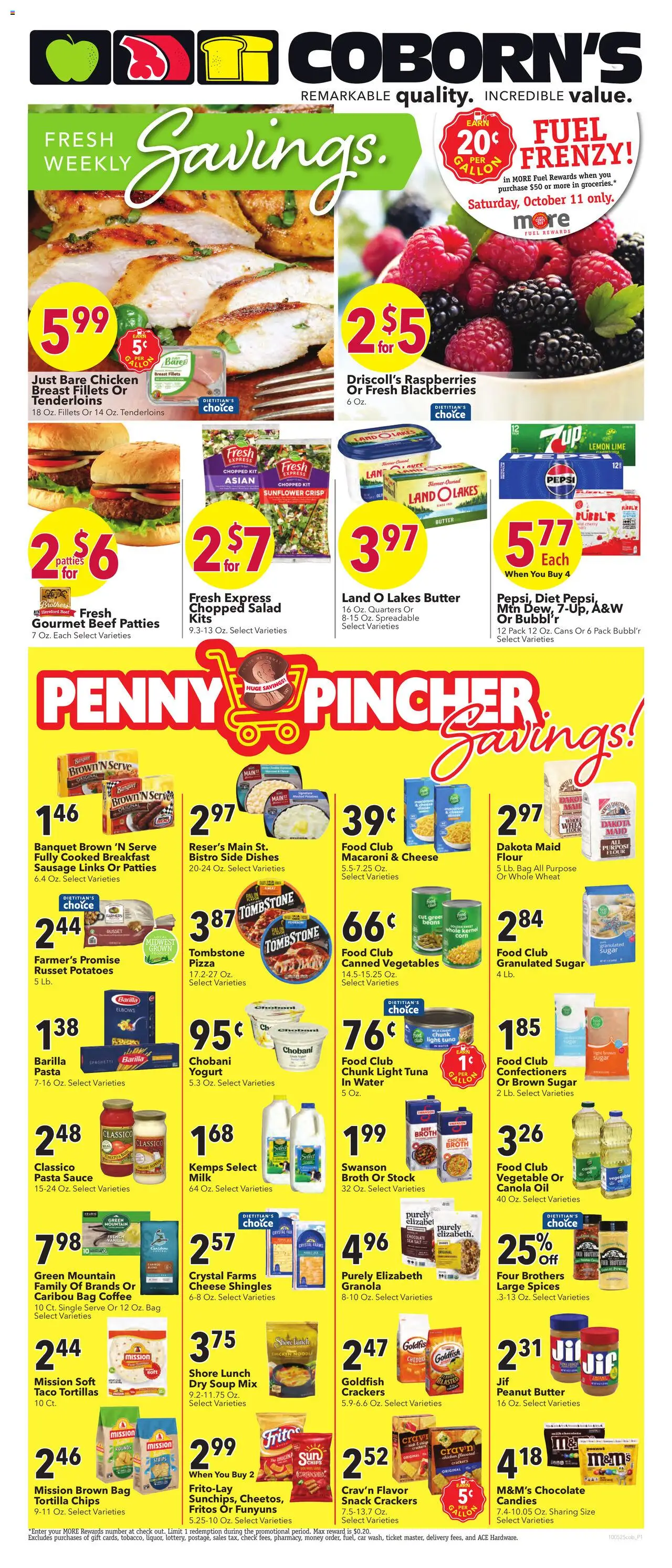Coborn's Weekly Ad from 10/08/2025 - Flyer - Page number 1 - Salad, Vegetables, Potatoes, Butter, Sugar, Bag, Canola oil, Candies