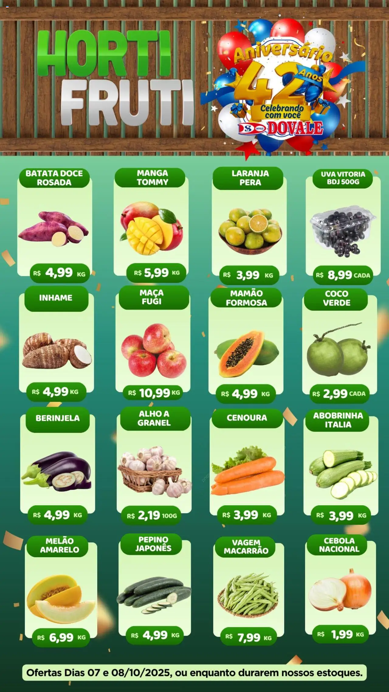 Dovale folheto "Ofertas Hortifruti" válido a partir de 07/10/2025 - número de página 1 - Manga, Inhame, Uva, Batata, Vagem, Cebola, Pepino japonês, Mamão