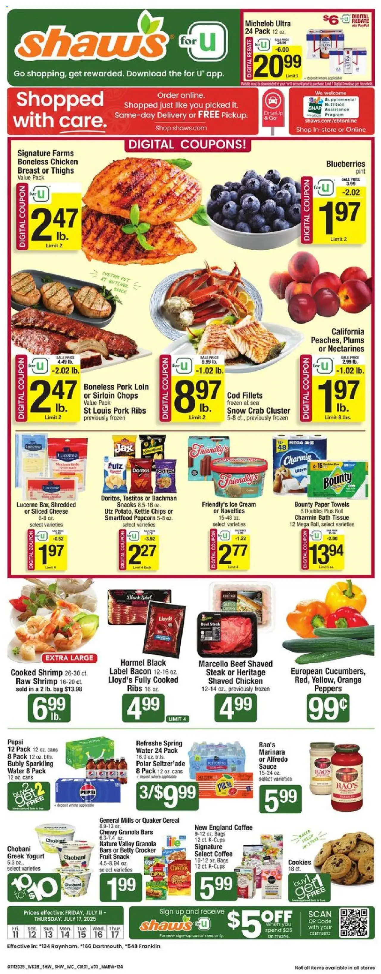 Shaw's Weekly Ad - MA from 07/11/2025 - Flyer - Page number 1 - Sliced cheese, Pork loin, Beef, Bacon, Cookies, Water, Sauce, Ice