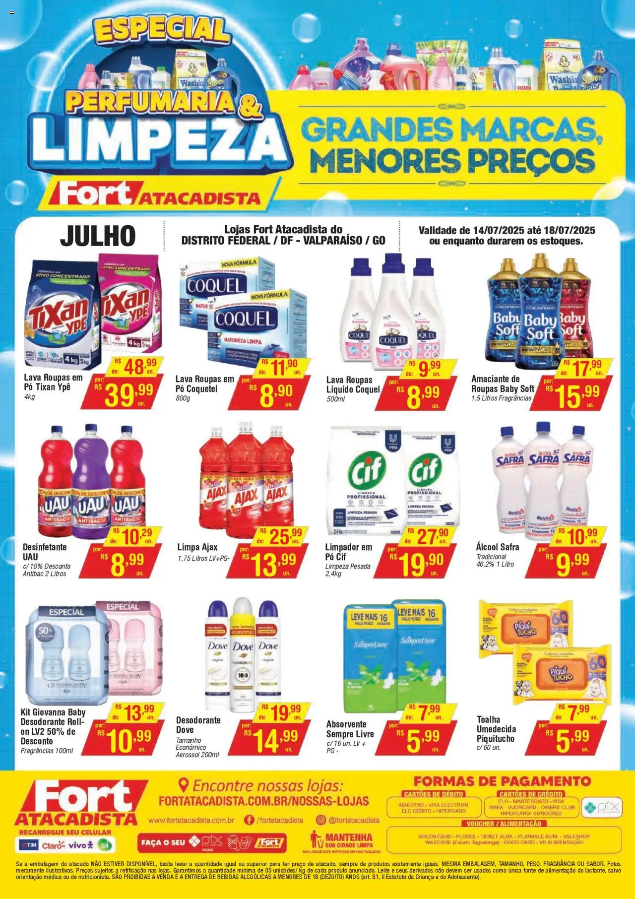 Fort Atacadista folheto "Ofertas Perfumaria e Limpeza" válido a partir de 14/07/2025 - número de página 1 - Celular, Fragrância, Pó, Álcool, Desodorante, Roupas, Amaciante, Desinfetante