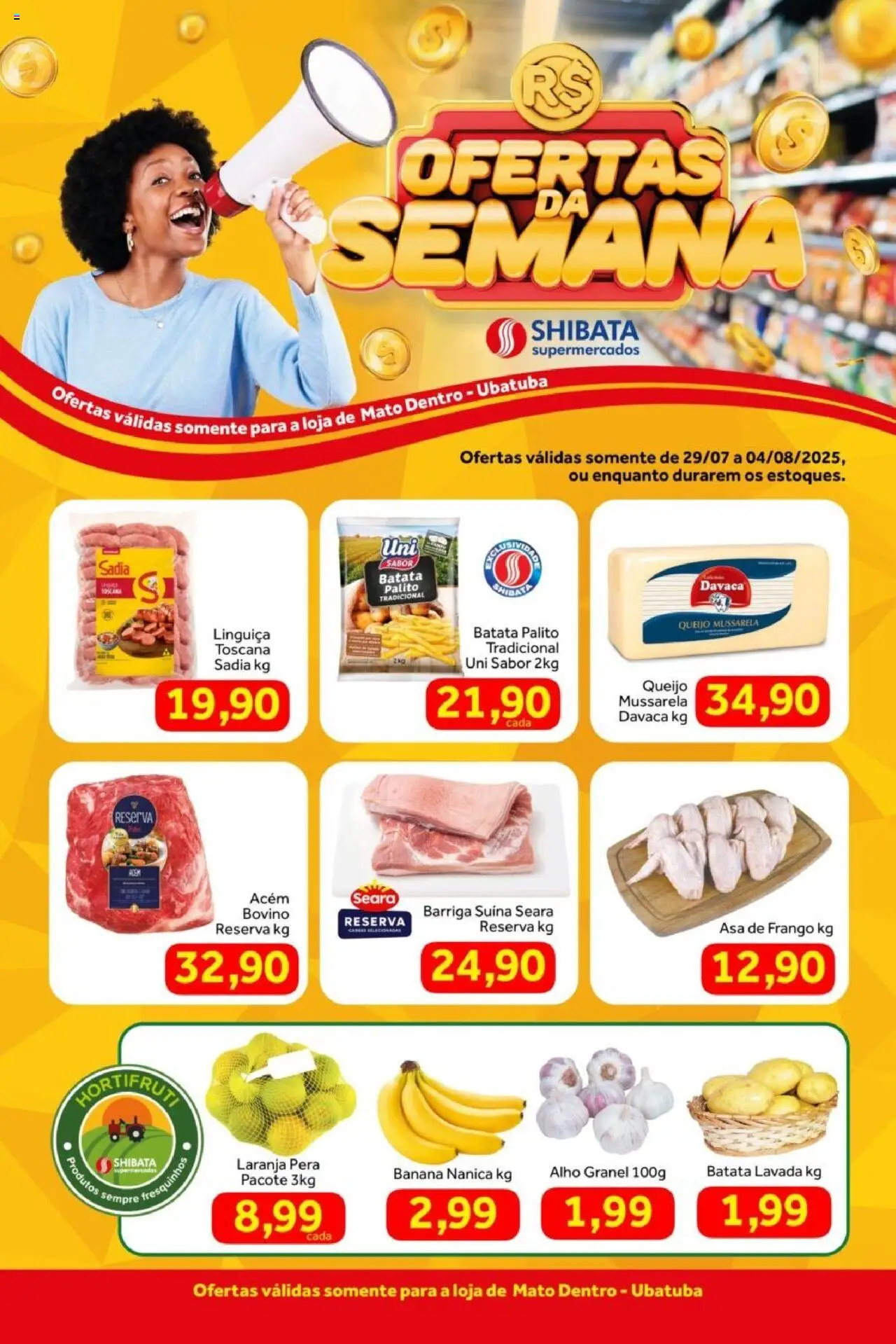 Shibata folheto "Ofertas Ubatuba" válido a partir de 29/07/2025 - número de página 1 - Queijo, Batata, Frango, Mussarela, Pera, Linguiça, Alho, Acém