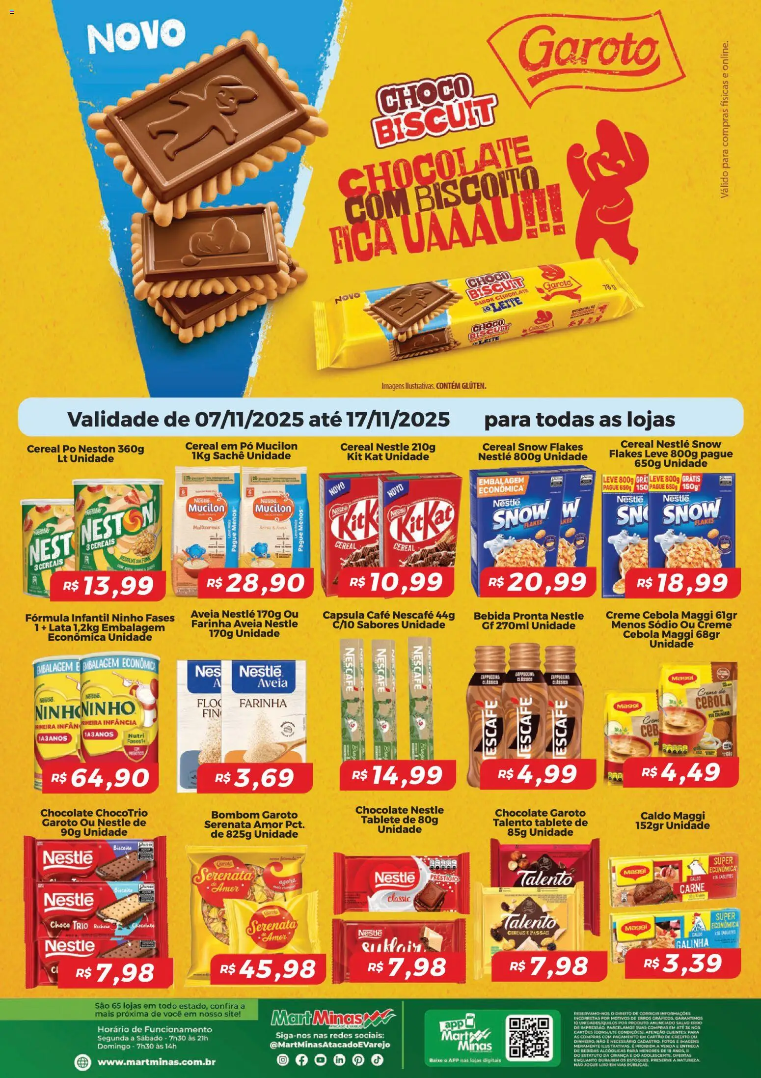 Pré-Visualização do folheto "Ofertas Biscoitos" da loja Mart Minas válido a partir de 07/11/2025 - Chocolate, Biscoito, Carne, Kit Kat, Aveia, Creme, Farinha, Fórmula infantil