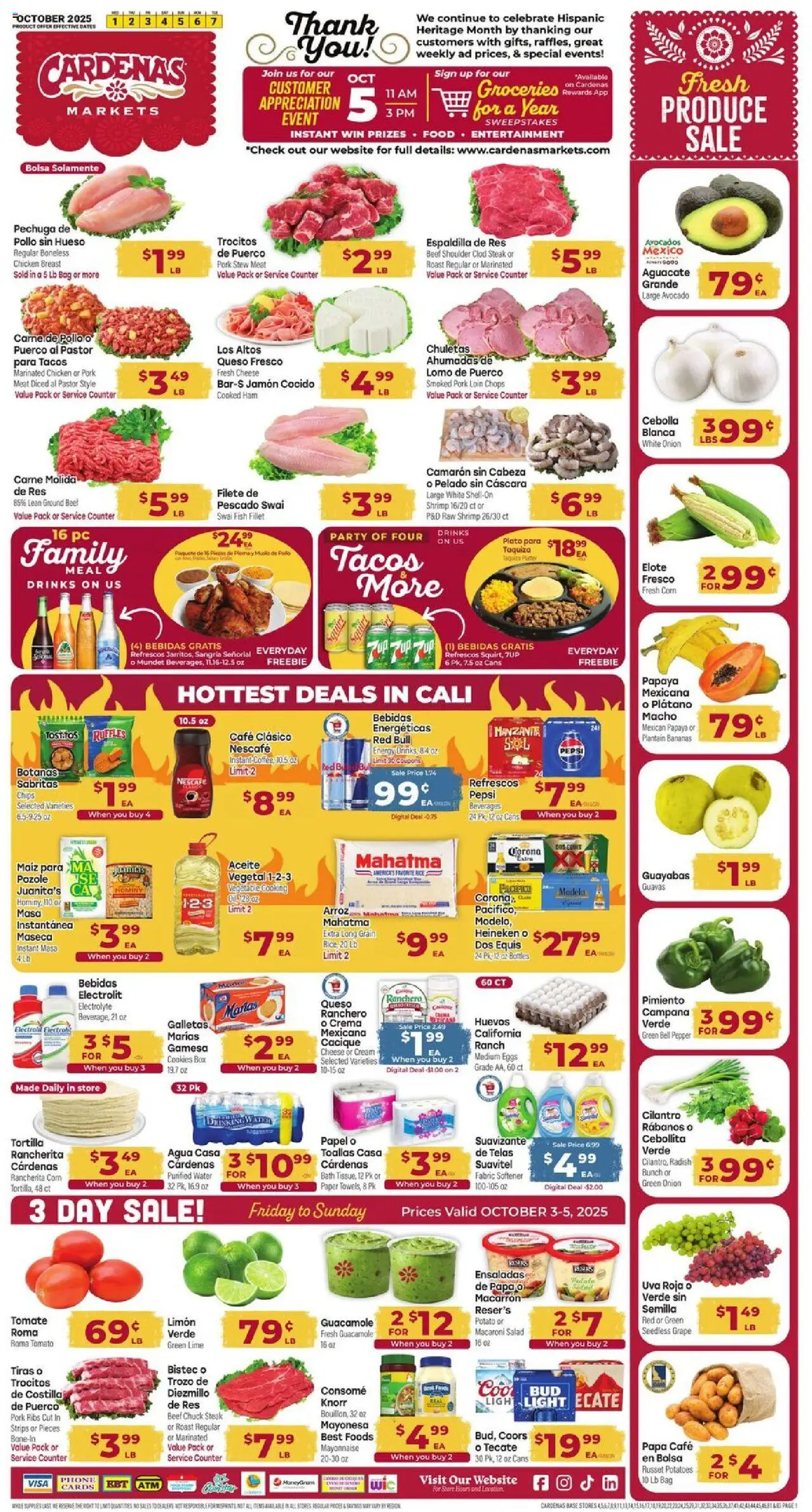 Cardenas Weekly Ad - CA from 10/01/2025 - Flyer - Page number 1 - Avocado, Potatoes, Onion, Lime, Ground beef, Cream, Heineken, Pork loin