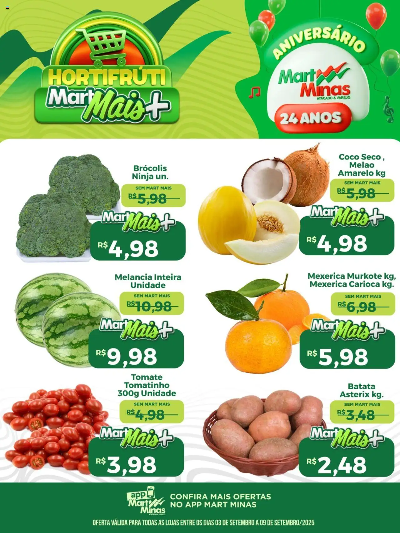 Mart Minas folheto "Ofertas Hortifruti" válido a partir de 03/09/2025 - número de página 1 - Coco, Melancia, Brócolis, Batata, Tomate, Mexerica, Melão