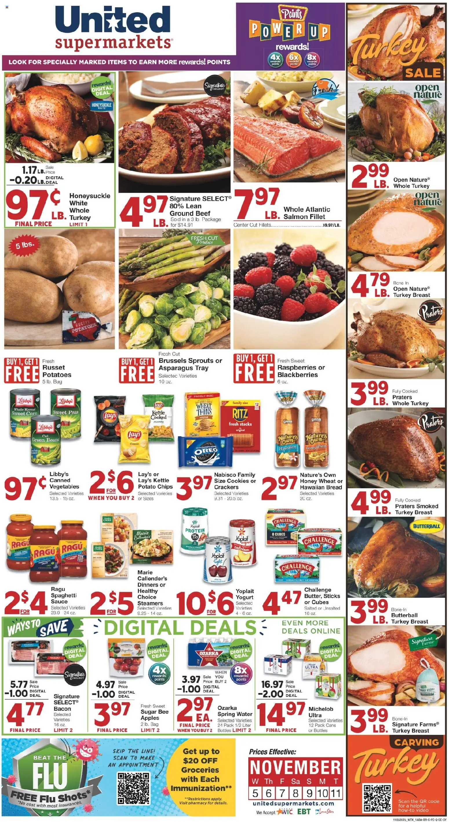 Ad Preview of United Supermarkets Weekly Ad from 11/04/2025 - Water, Salmon, Butter, Bacon, Bag, Crackers, Potato chips, Spring water