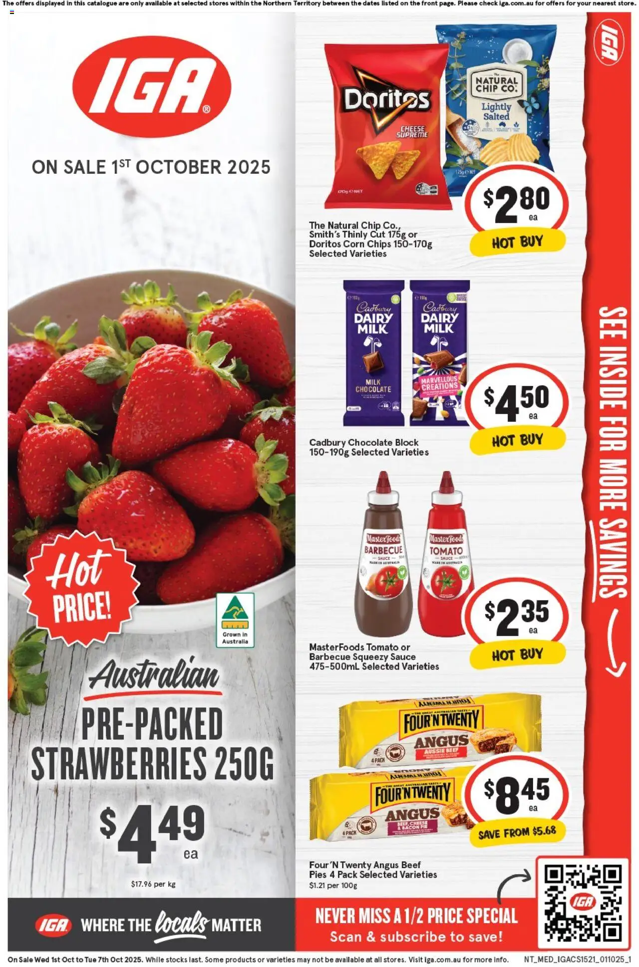 IGA catalogue valid from 01/10/2025 - page 1 - Corn, Bacon, Cheese, Chocolate, Beef, Strawberries, Sauce, Tomato