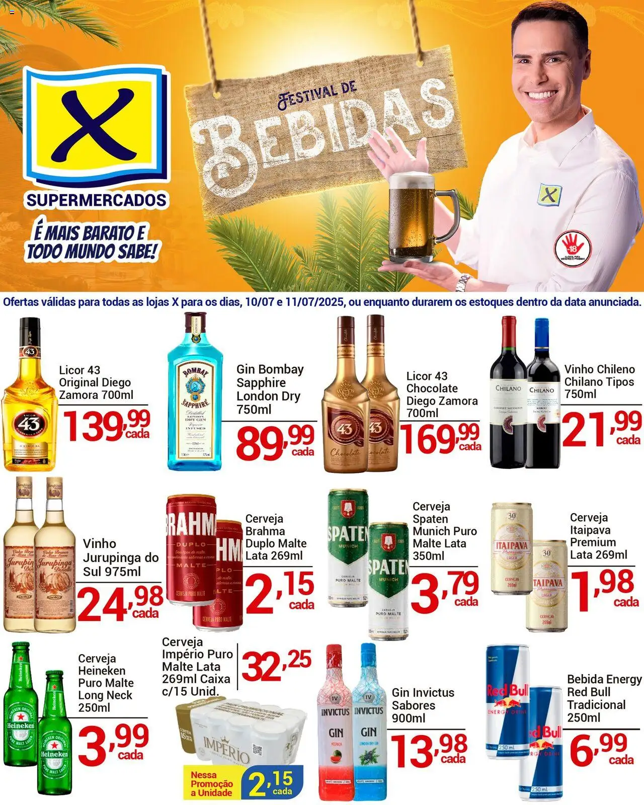 X Supermercados folheto "Ofertas Festival de Bebidas" válido a partir de 10/07/2025 - número de página 1 - Chocolate, Heineken, Licor 43, Cerveja, Vinho, Bebidas, Bebida, Licor
