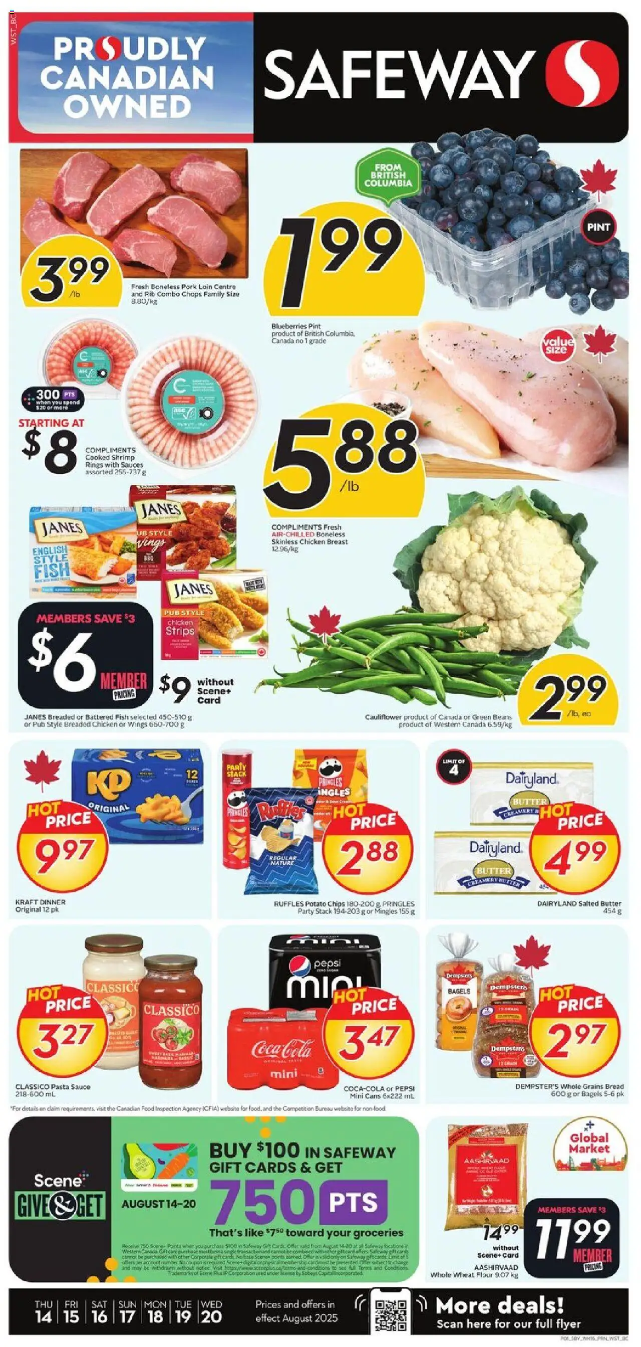 Safeway flyer valid from Aug 14, 2025 - page number 1 - Chicken, Fish, Blueberries, Shrimp, Beans, Pork, Sauces, Chicken strips