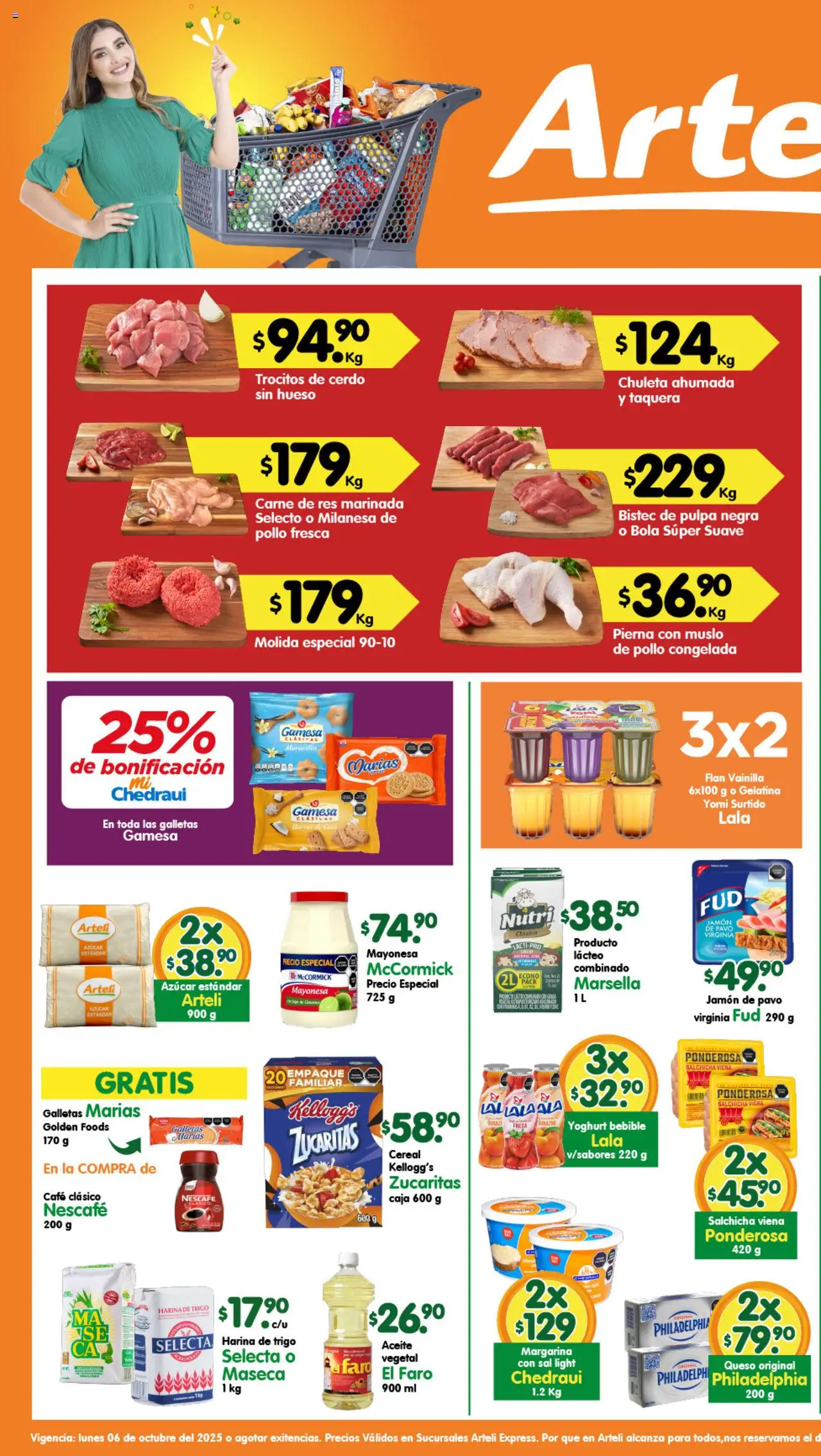 Folleto Express Arteli y sus promociones válidas desde el 06/10/2025 - Número de página 1 - Galletas, Carne, Mayonesa, Bistec, Salchicha, Res, Chuleta, Margarina