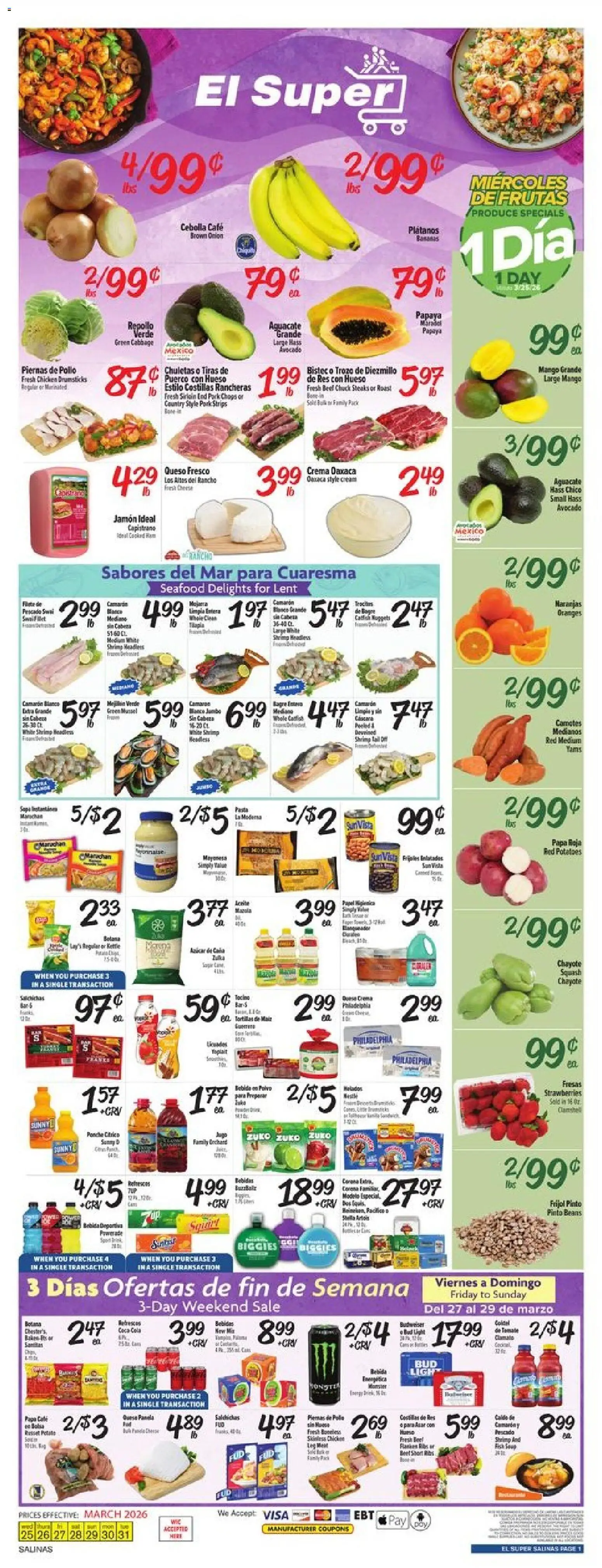 Ad Preview of El Super El Super Weekly Ad from 03/25/2026 - Seafood, Strawberries, Shrimp, Beef, Tortillas, Cream, Chicken drumsticks, Chicken