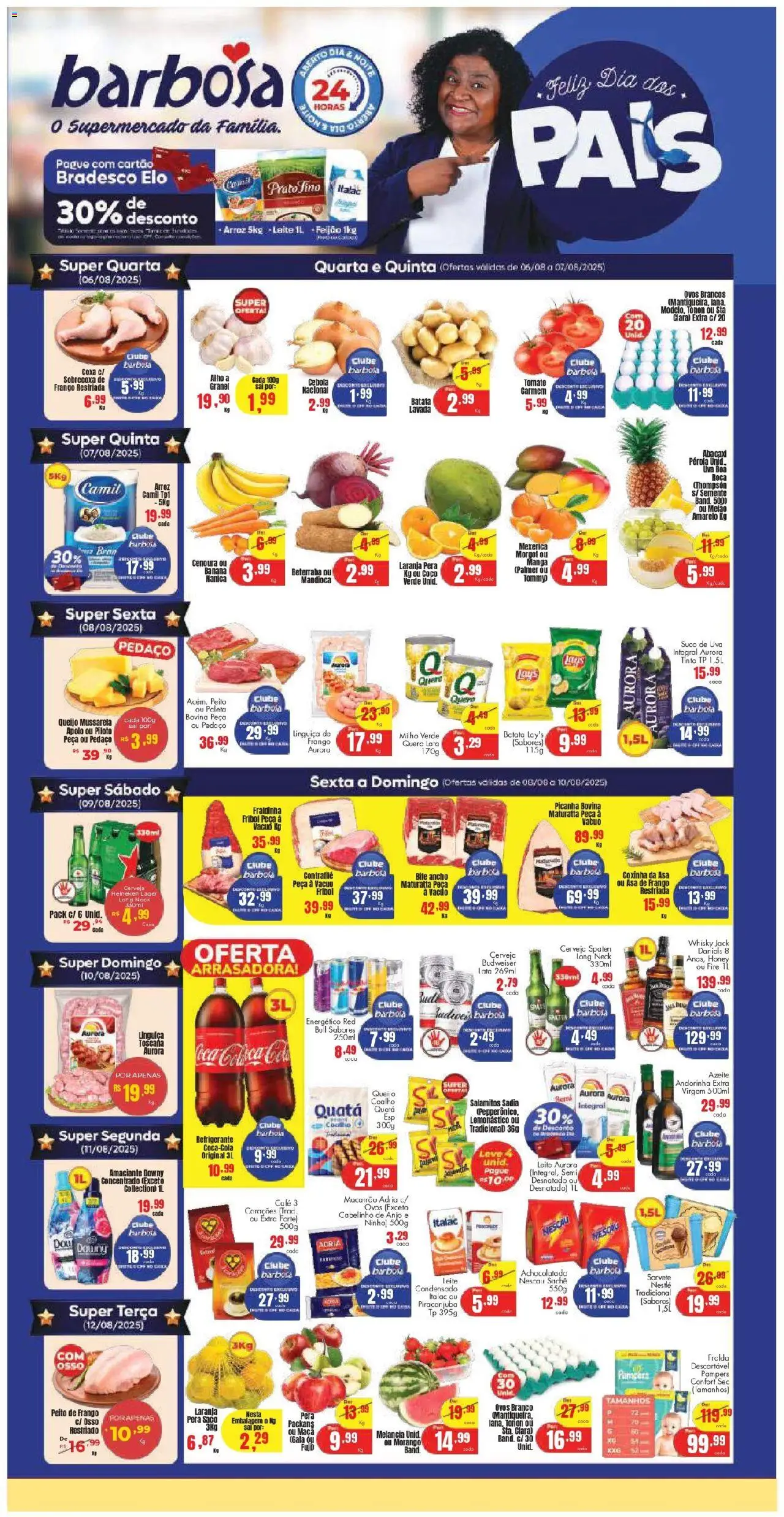Barbosa Supermercados folheto "Ofertas Lojas P" válido a partir de 06/08/2025 - número de página 1 - Queijo, Mussarela, Beterraba, Refrigerante, Cebola, Linguiça, Melão, Milho verde