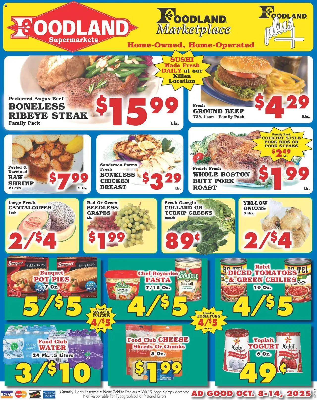 Foodland Weekly Ad from 10/08/2025 - Flyer - Page number 1 - Pasta, Greens, Shrimp, Tomatoes, Cantaloupes, Ground beef, Pork ribs, Chicken