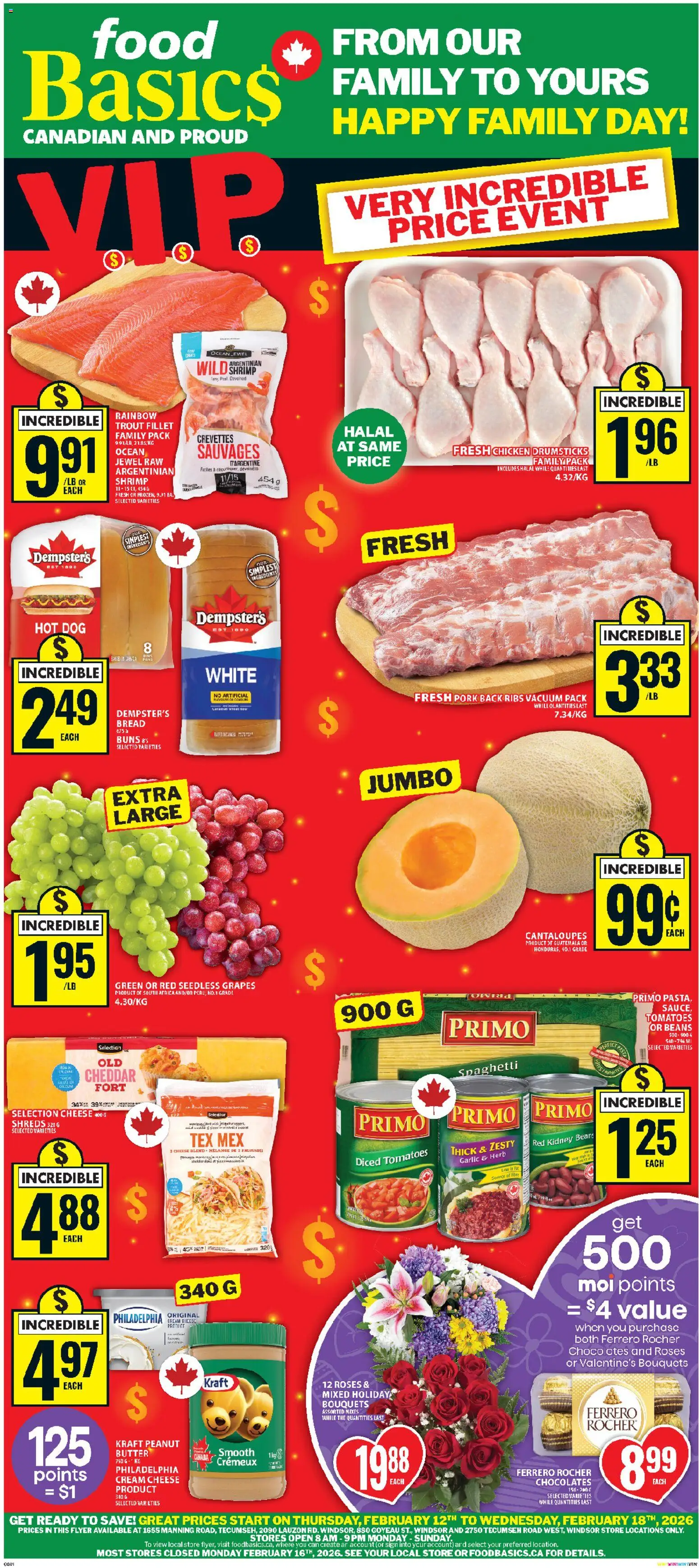 Preview of leaflet Tecumseh from shop Food Basics is valid from Feb 12, 2026 - Food, Cheese, Butter, Pork, Trout, Ingredients, Chicken drumsticks, Seedless grapes