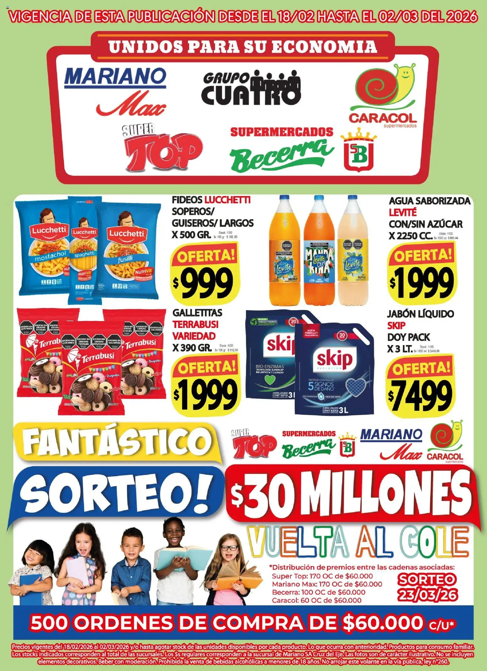 Vista previa del folleto de la tienda Mariano Max válido desde el 18/02/2026 - Agua, Galletitas, Azucar, Fideos, Jabón líquido, Spaghetti, Agua saborizada, Fragancia