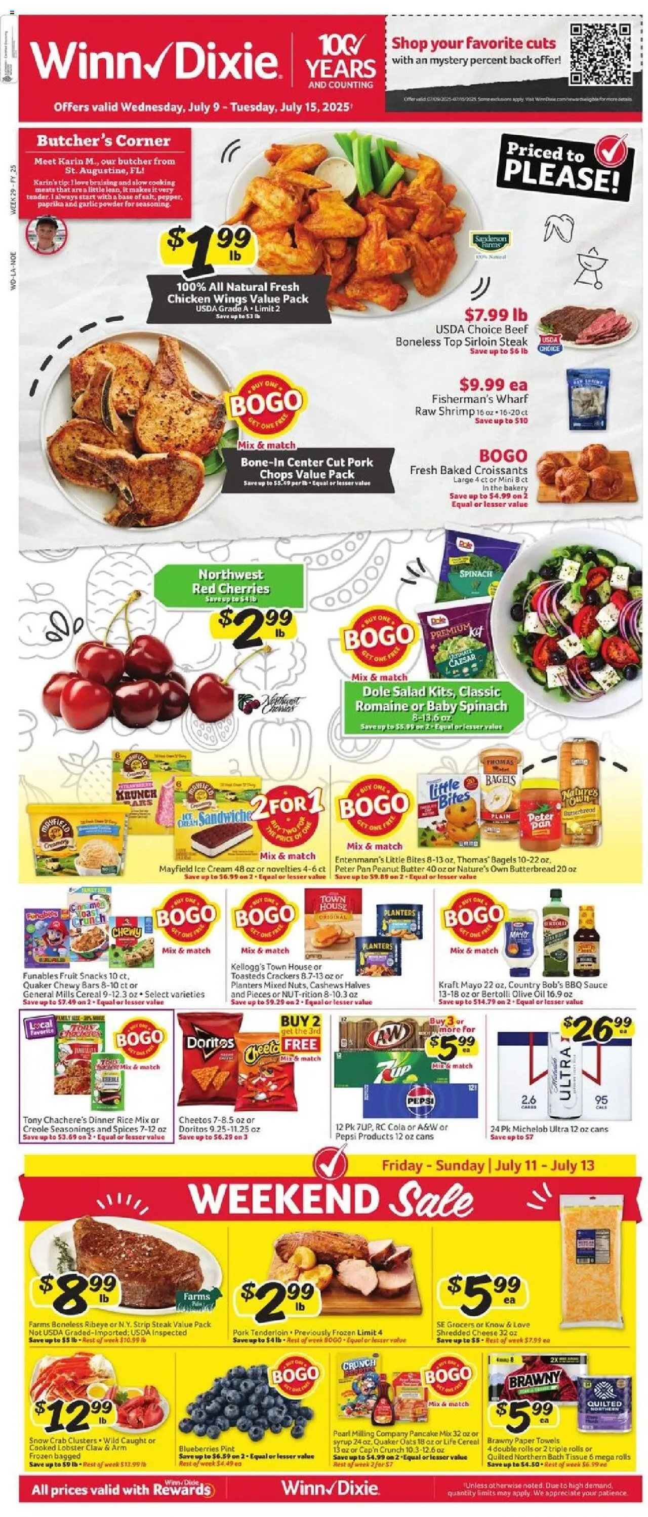 Winn Dixie Weekly Circular - LA from 07/09/2025 - Flyer - Page number 1 - Bakery, Romaine, Spinach, Beef, Cream, Croissants, Cashews, Snacks
