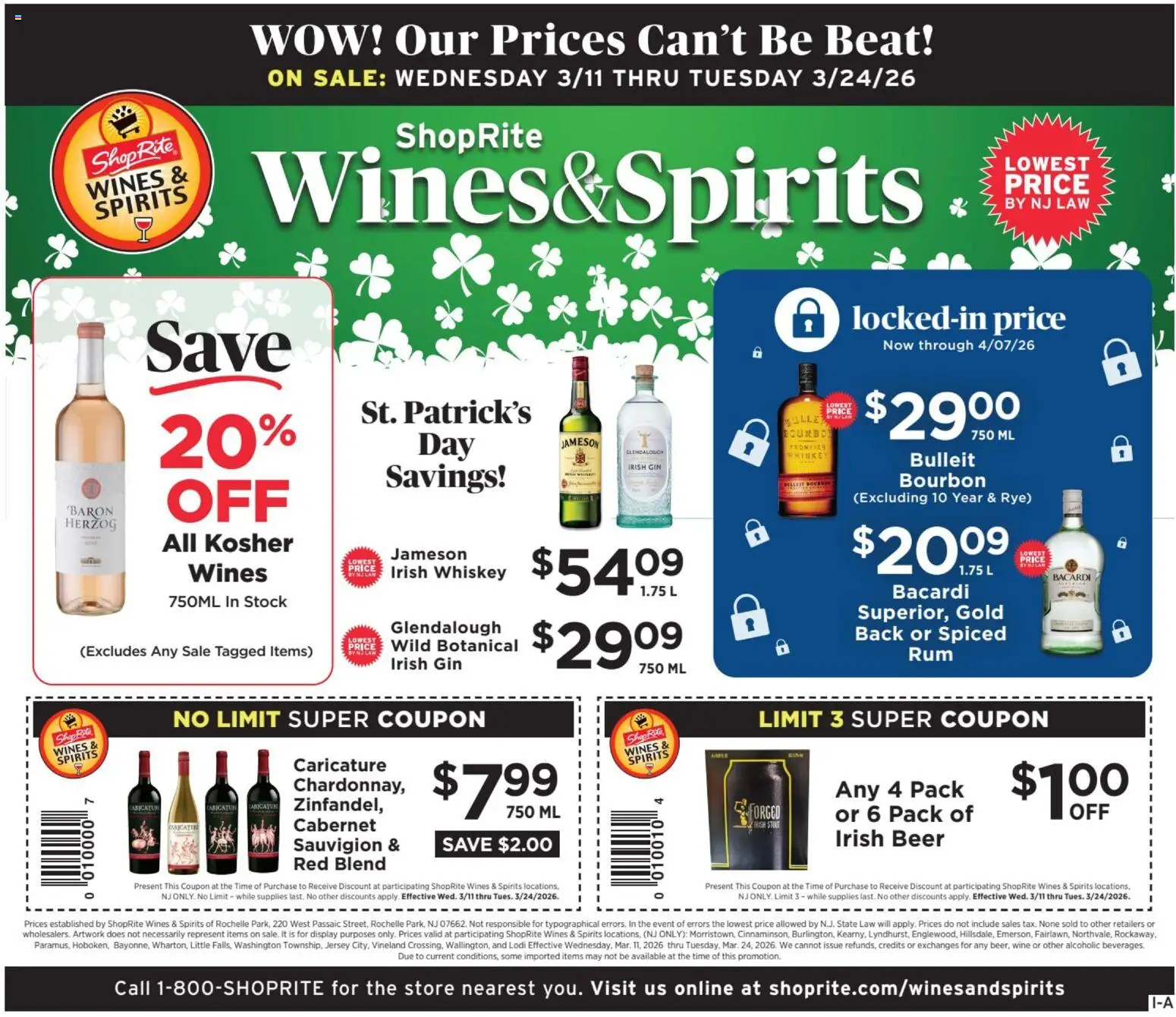 Ad Preview of ShopRite ShopRite Wine & Spirits from 03/11/2026 - Beer, Wine, Bourbon, Whiskey, Bacardi, Gin, Jameson, Irish whiskey