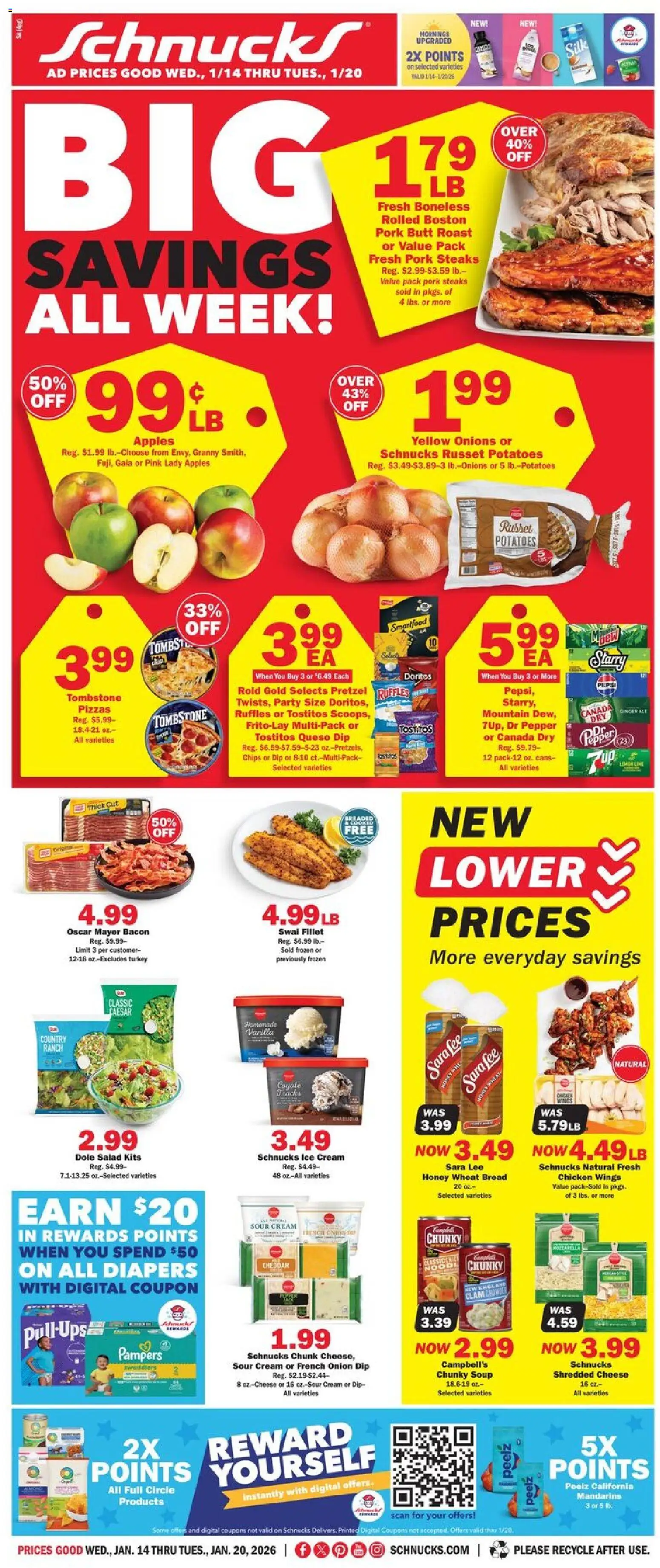 Ad Preview of Schnucks Weekly Ad from 01/14/2026 - Apples, Chips, Honey, Chicken wings, Ginger, Diapers, Bacon, Mandarins