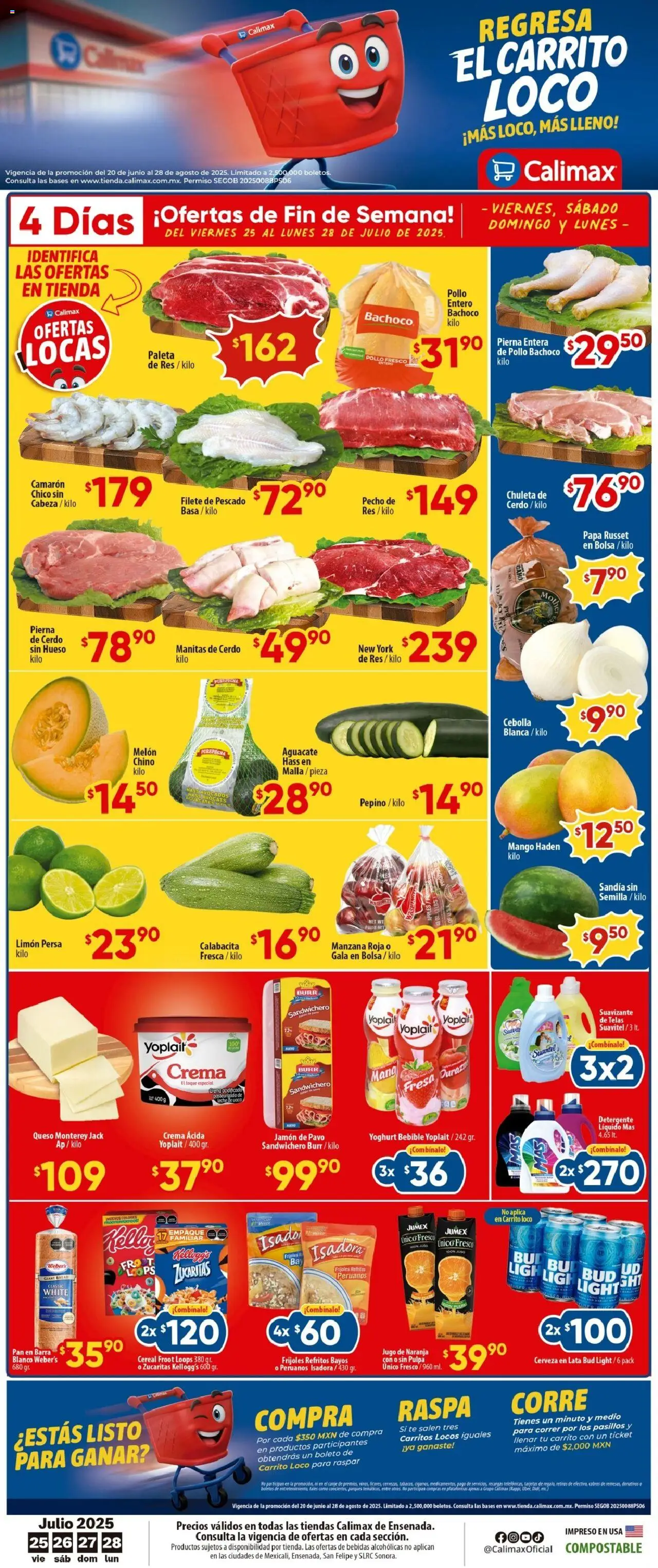 Folleto Ensenada Calimax y sus promociones válidas desde el 25/07/2025 - Número de página 1 - Pollo, Cerveza, Bebidas, Pavo, Paleta, Res, Filete, Suavizante de telas