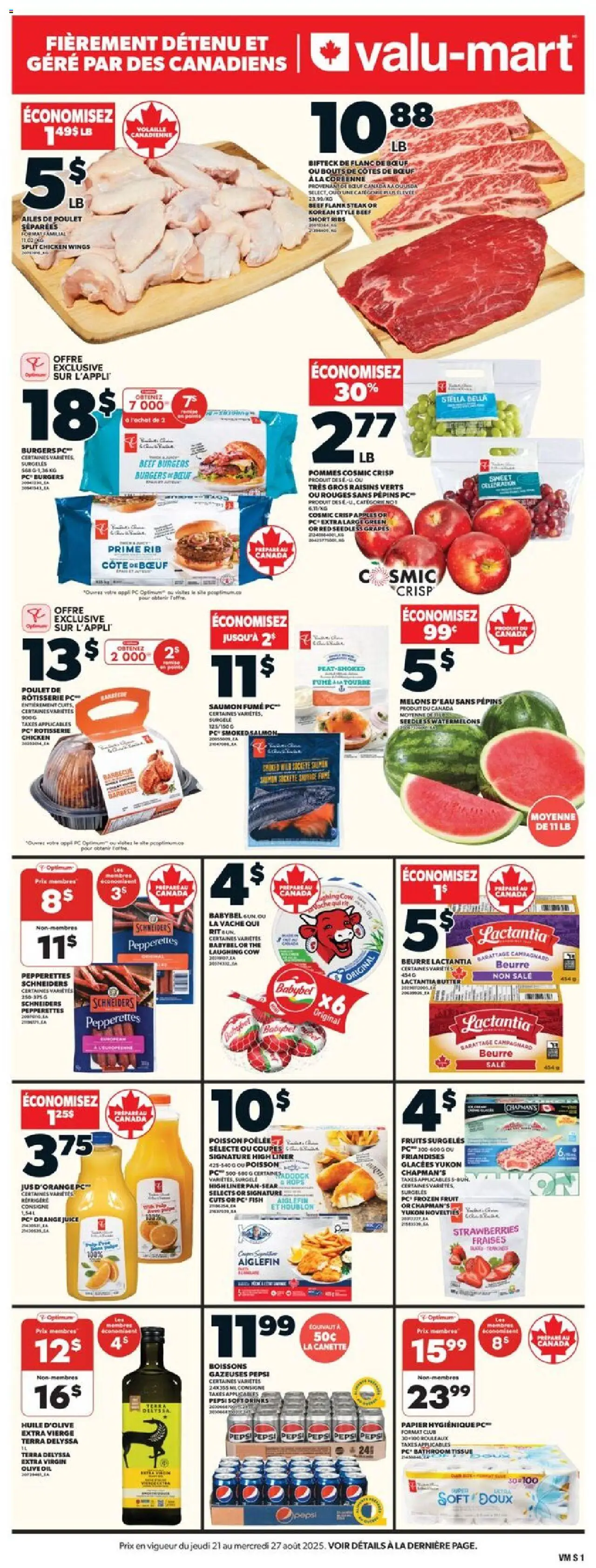 Valu Mart flyer valid from Aug 21, 2025 - page number 1 - Fraises, Ailes de poulet, Saumon fumé, Thé, Pommes, Côtes de bœuf, Bifteck de flanc, Poulet
