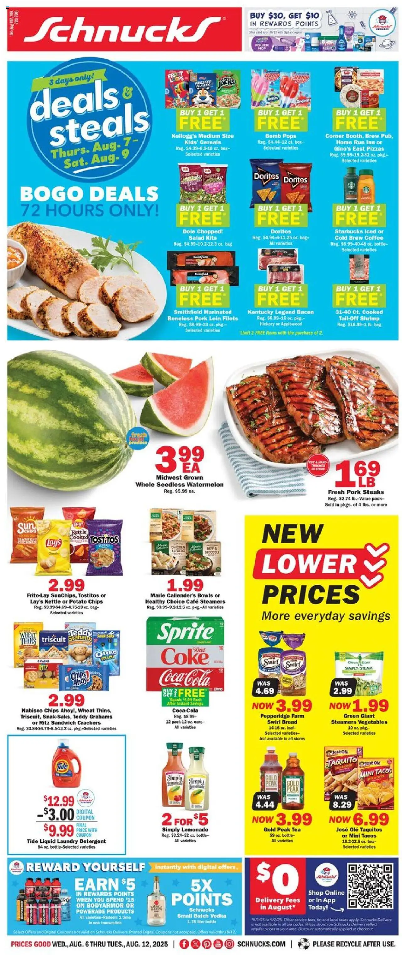 Schnucks Weekly Print Ad - IL from 08/06/2025 - Flyer - Page number 1 - Coffee, Broccoli, Bread, Watermelon, Cereals, Lemonade, Bacon, Detergent