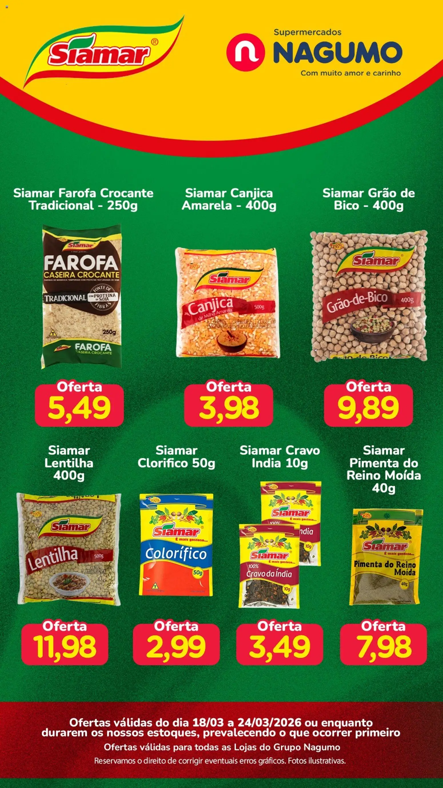 Pré-Visualização do folheto "Nagumo ofertas Siamar" da loja Nagumo válido a partir de 18/03/2026 - Soja, Lentilha, Milho, Proteína, Pimenta, Farofa, Bico