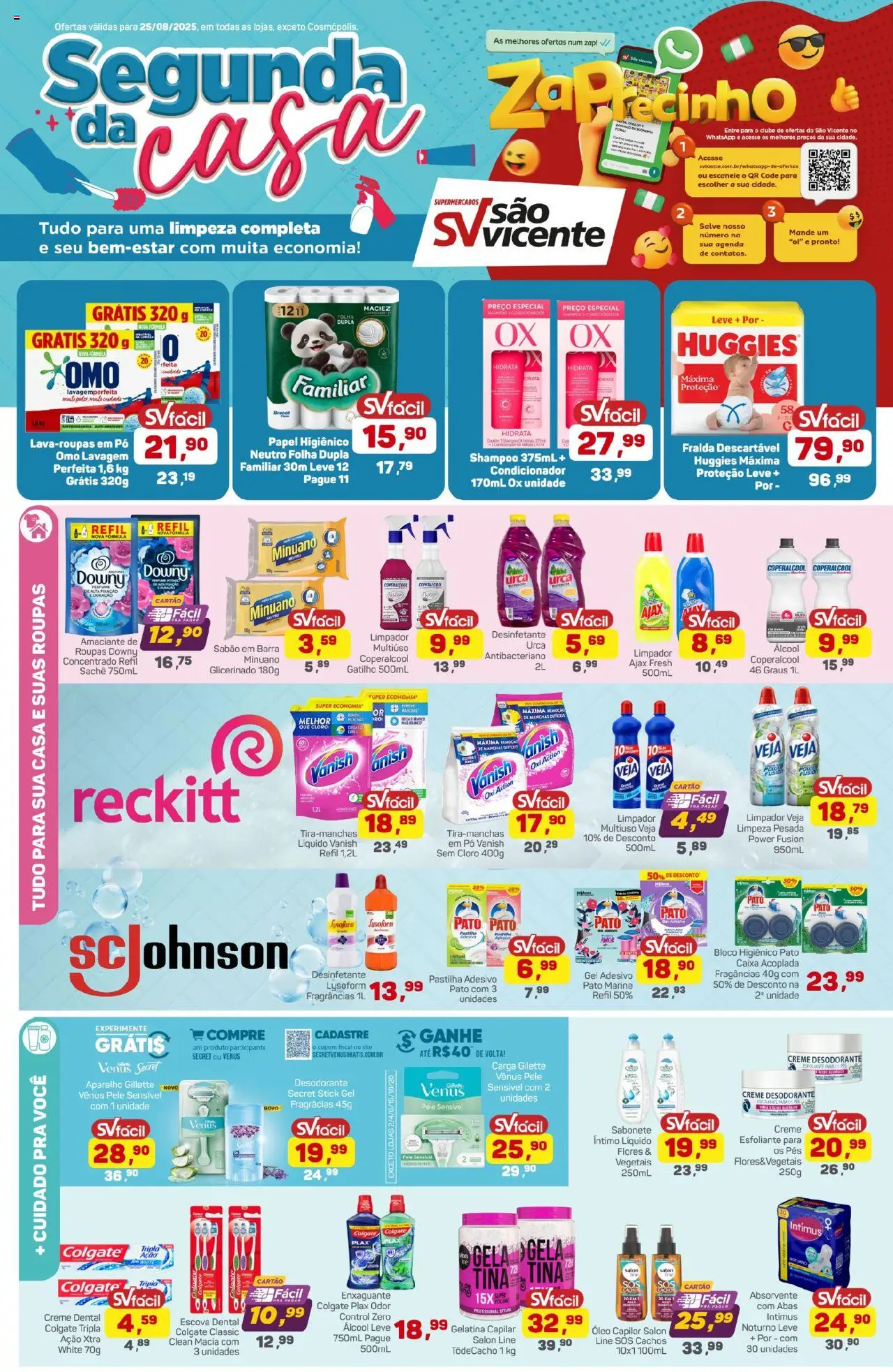 Supermercados São Vicente folheto "Ofertas da semana" válido a partir de 25/08/2025 - número de página 1 - Roupas, Pato, Óleo, Álcool, Sabonete, Creme, Papel higiênico, Sabão em barra