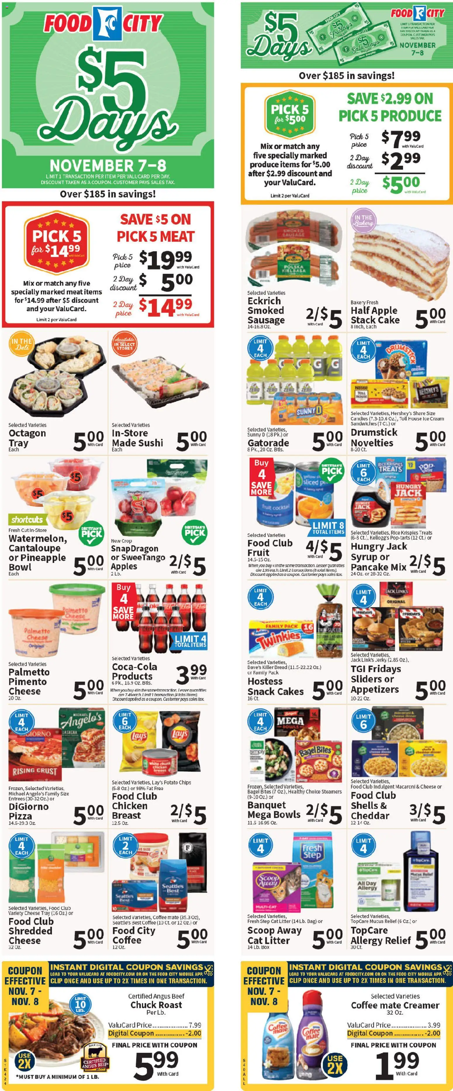 Ad Preview of Food City Weekly Ad from 11/07/2025 - Apples, Pineapple, Meat, Sausage, Cat Litter, Clip, Potato chips, Chicken