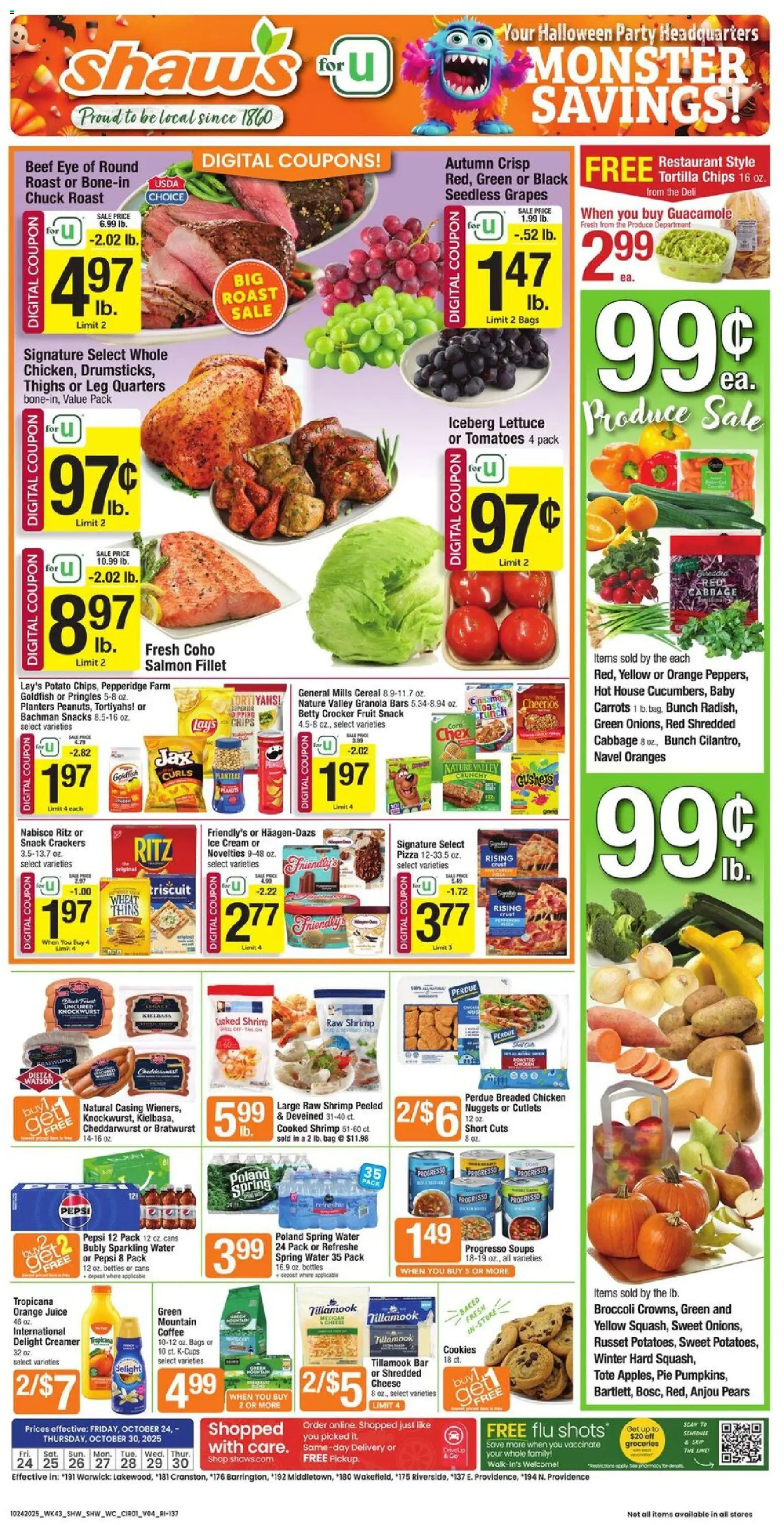 Shaw's Weekly Ad - RI from 10/24/2025 - Flyer - Page number 1 - Pizza, Coffee, Snacks, Cheese, Salmon, Guacamole, Bag, Crackers