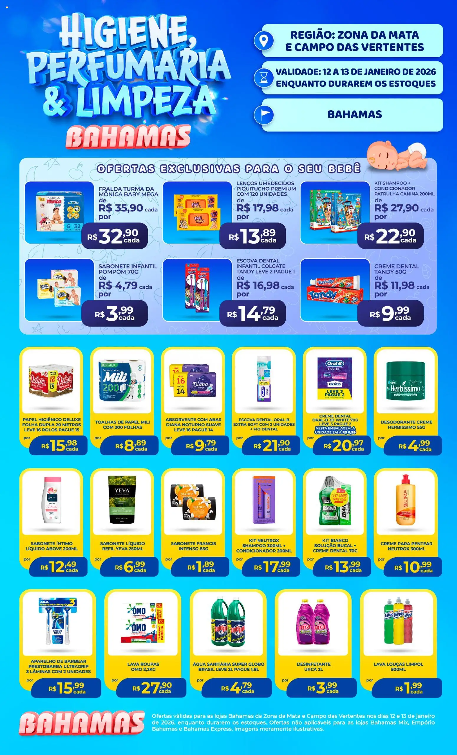 Pré-Visualização do folheto "Ofertas Higiene e Limpeza" da loja Bahamas Supermercados válido a partir de 12/01/2026 - Roupas, Desodorante, Sabonete, Papel higiênico, Fio dental, Lenços umedecidos, Escova, Creme para pentear