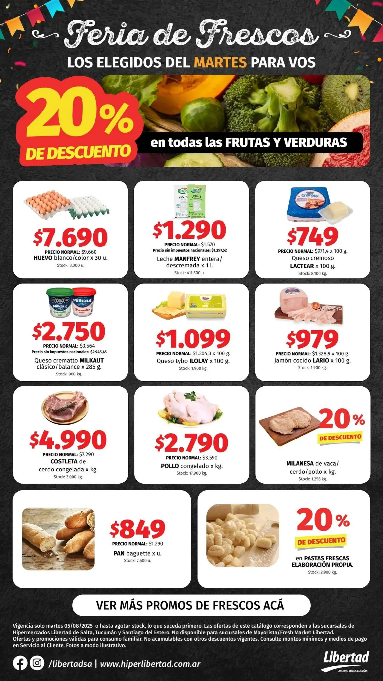Hipermercado Libertad Feria de Frescos - NOA del 05/08/2025 Online - Milanesa, Pan, Verduras, Huevo, Cerdo, Baguette, Jamón cocido, Jamón
