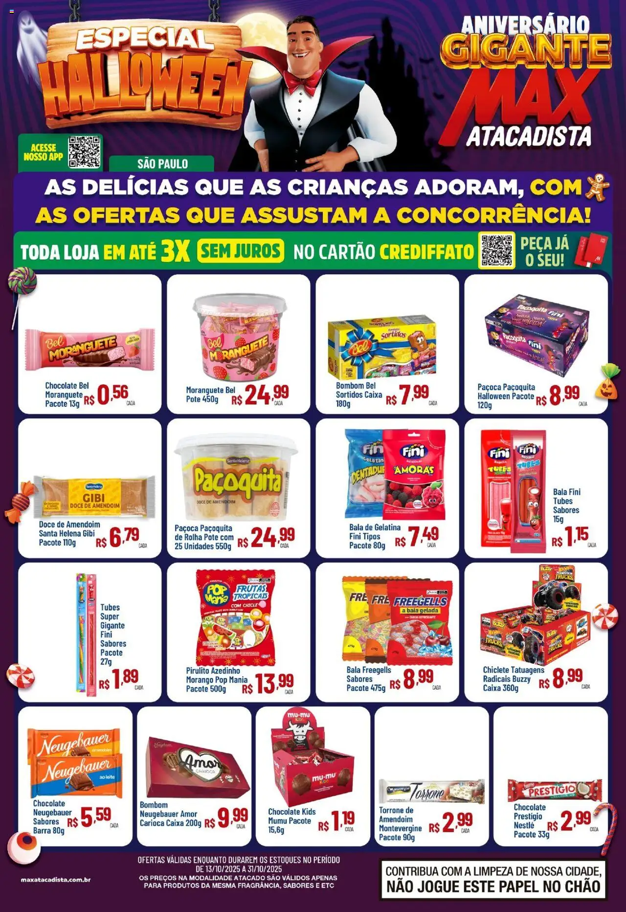 Pré-Visualização do folheto "Ofertas Halloween" da loja Max Atacadista válido a partir de 13/10/2025 - Chocolate, Amendoim, Leite, Paçoca, Gelatina, Chiclete, Neugebauer, Amoras