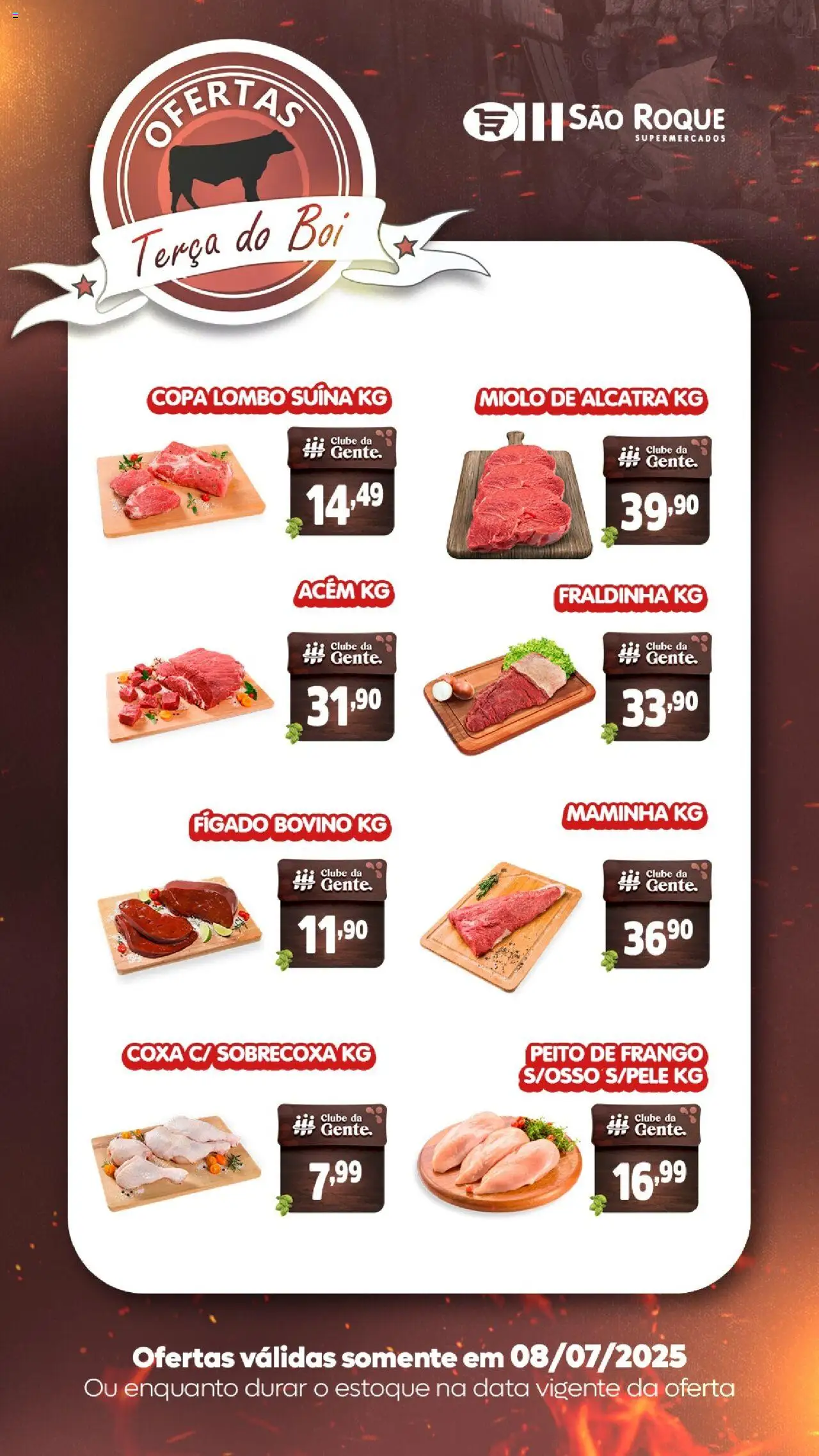 São Roque Supermercados folheto "Ofertas Terça do Boi" válido a partir de 08/07/2025 - número de página 1 - Acém, Alcatra, Fraldinha, Maminha, Copa, Fígado, Frango, Peito de frango