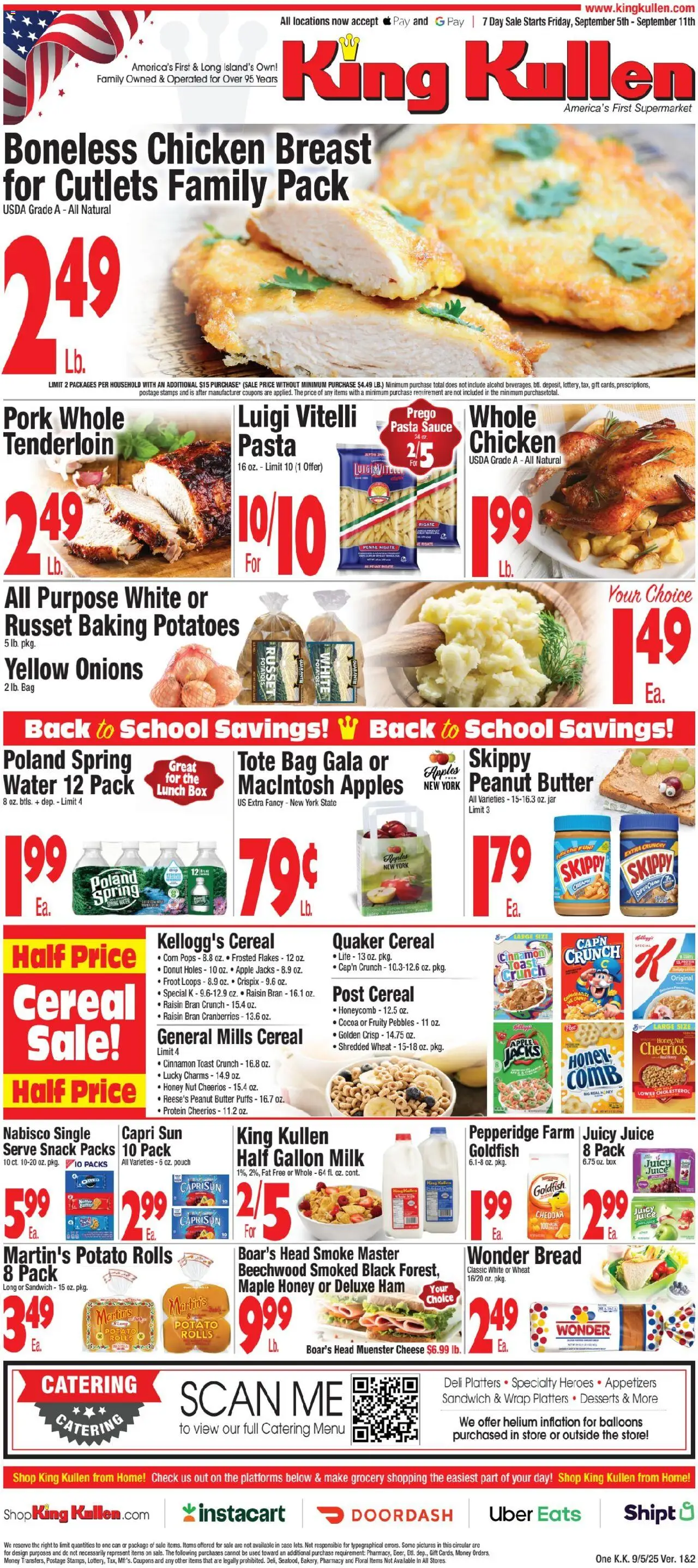 King Kullen Weekly Ad from 09/05/2025 - Flyer - Page number 1 - Apples, Donut, Box, Protein, Butter, Cranberries, Peanut butter, Case