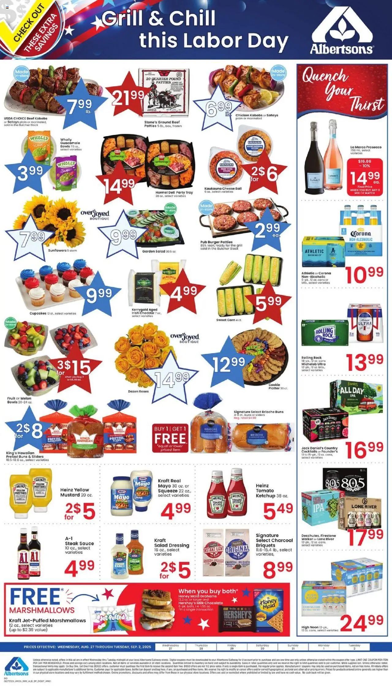 Albertsons Bonus Online Savings from 08/27/2025 - Flyer - Page number 1 - Salad, Grill, Tomato, Guacamole, Mead, Mustard, Ketchup, Jack Daniel's