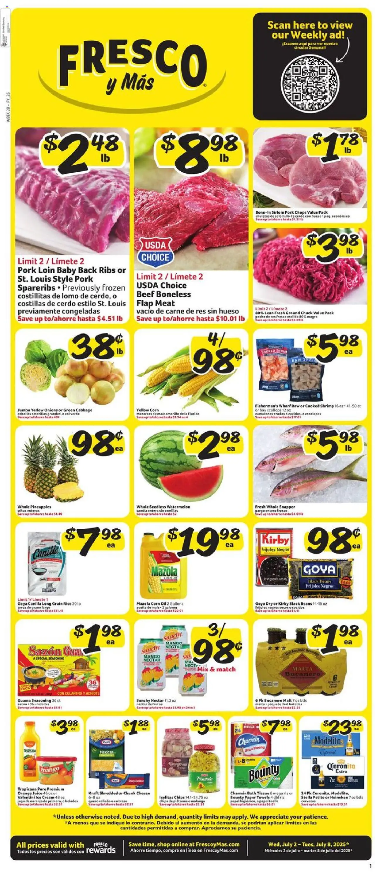 Fresco y Más Weekly Ad from 07/02/2025 - Flyer - Page number 1 - Mango, Ice, Chips, Cheese, Shrimp, Corn, Cabbage, Pork