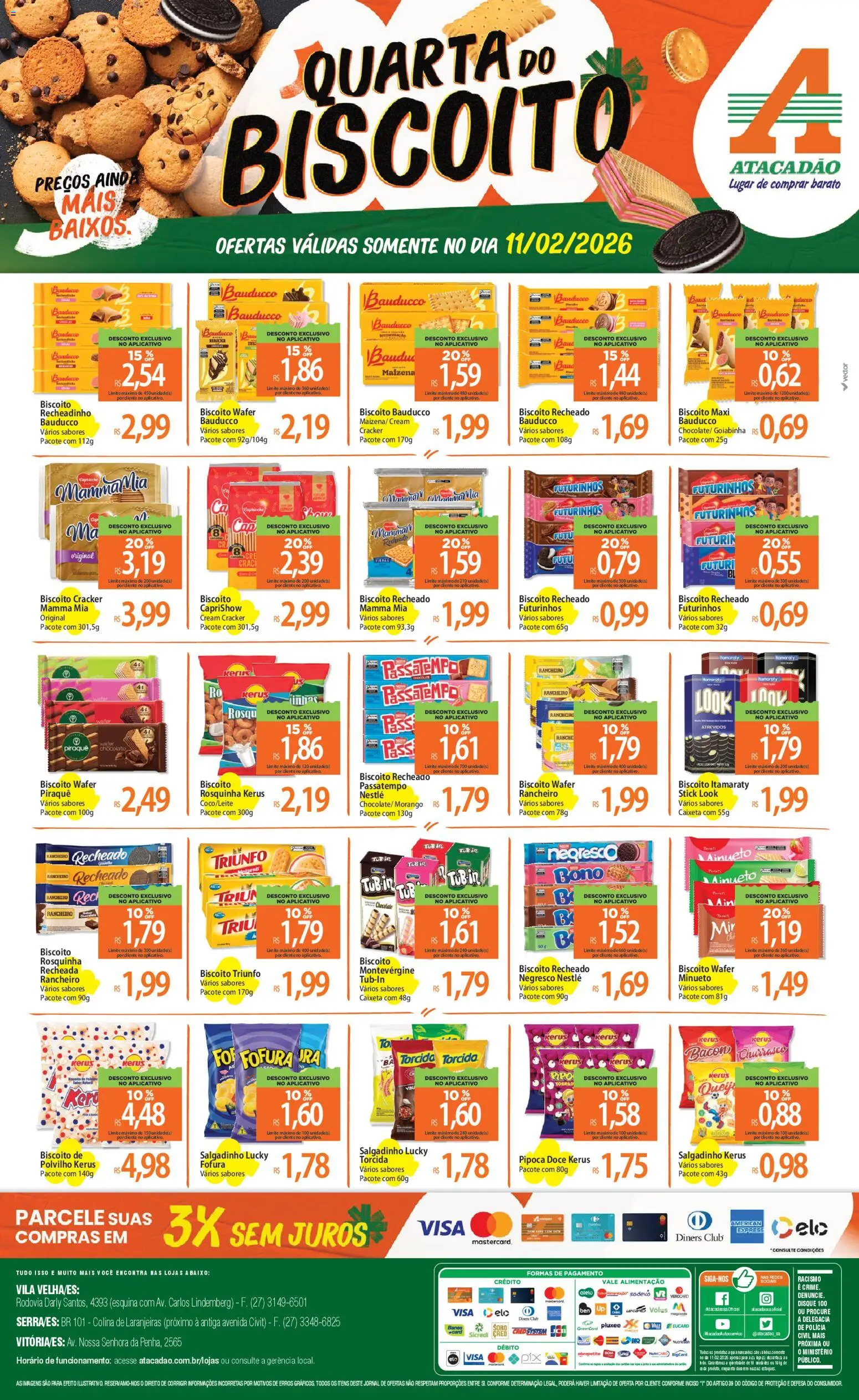 Pré-Visualização do folheto "Ofertas - ES" da loja Atacadão válido a partir de 11/02/2026 - Pipoca, Biscoito, Doce, Bacon, Polvilho, Rosquinha, Cream cracker, Biscoito recheado