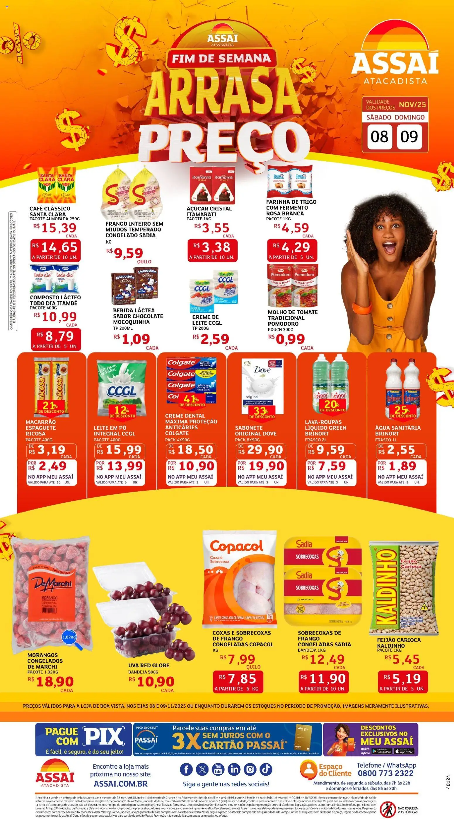 Pré-Visualização do folheto "Encarte - RR" da loja Assaí Atacadista válido a partir de 08/11/2025 - Telefone, Macarrão, Morangos, Feijão, Sabonete líquido, Almofada, Bandeja, Morangos congelados
