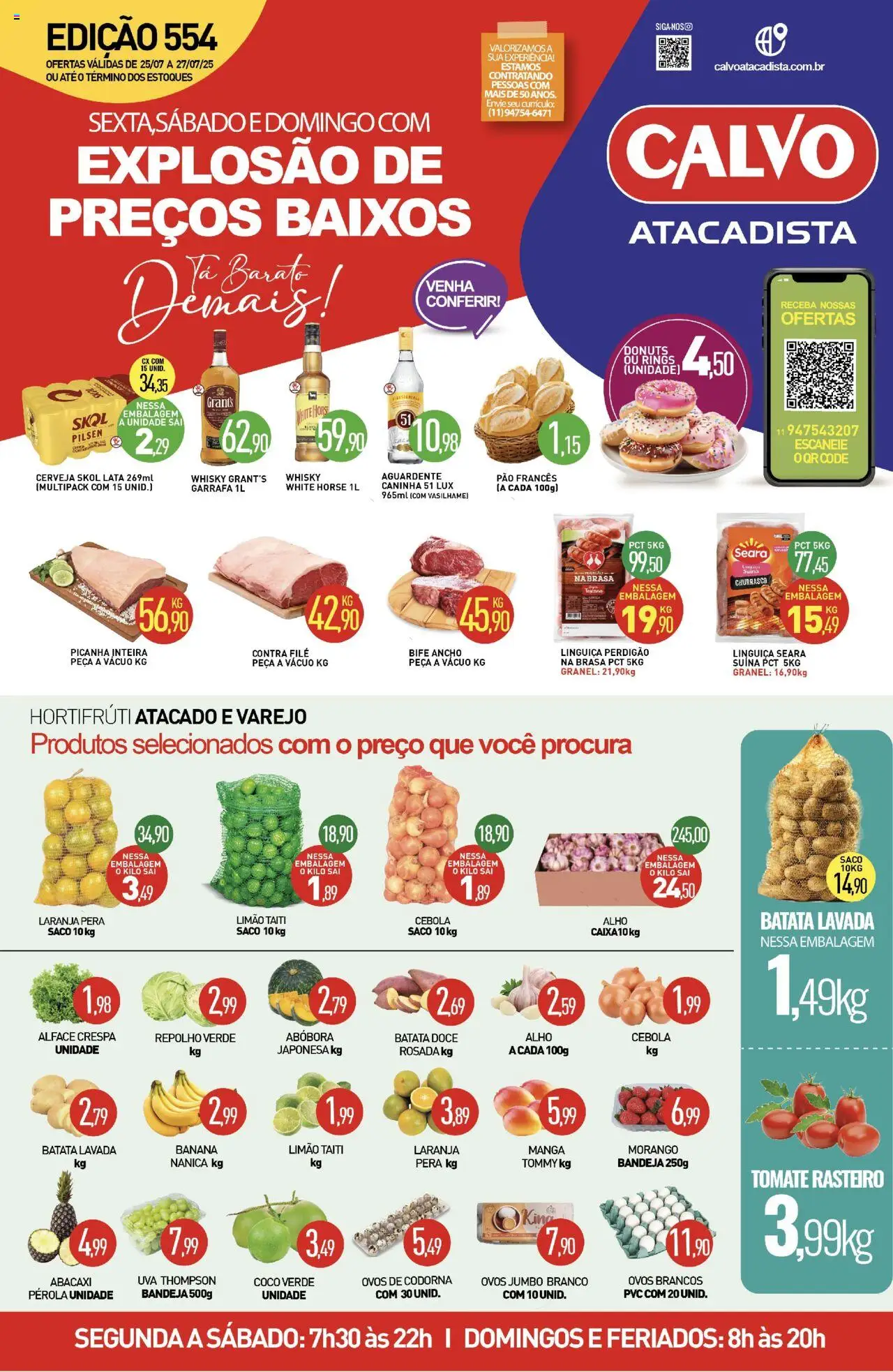 Calvo Atacadista folheto "Ofertas da semana" válido a partir de 25/07/2025 - número de página 1 - Coco, Cerveja, Cebola, Linguiça, Repolho, Bandeja, Contra filé, Whisky Grant's