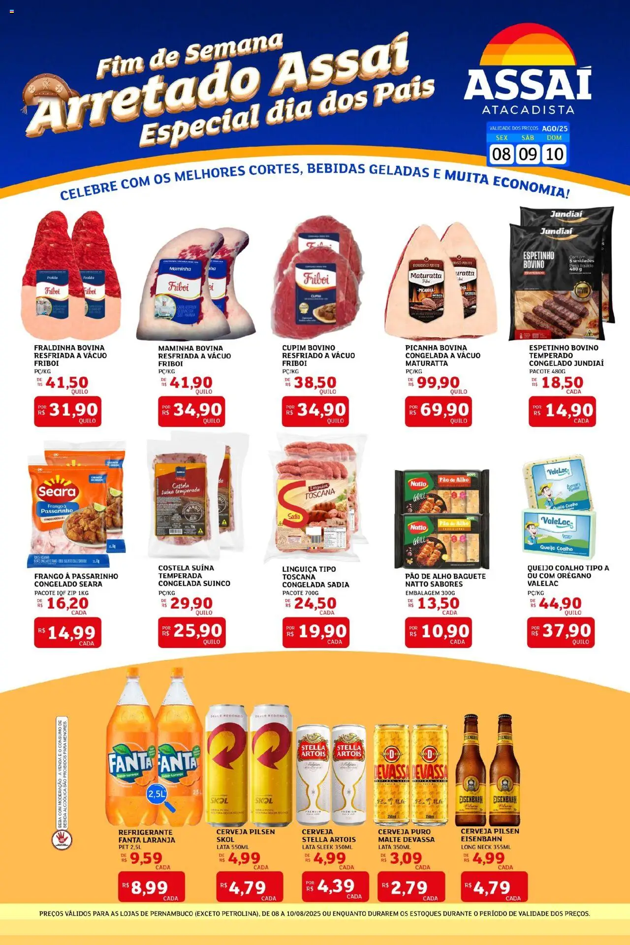 Assaí Atacadista folheto "Encarte - PE" válido a partir de 08/08/2025 - número de página 1 - Pão, Queijo coalho, Refrigerante, Pao de alho, Grill, Alho, Baguete, Fanta